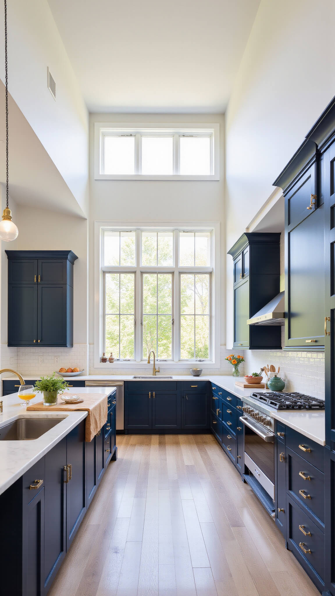 Spacious kitchen with navy shaker cabinets, white marble countertops, butcher block island, brass accents, oak floors, and stainless steel appliances in warm natural light.