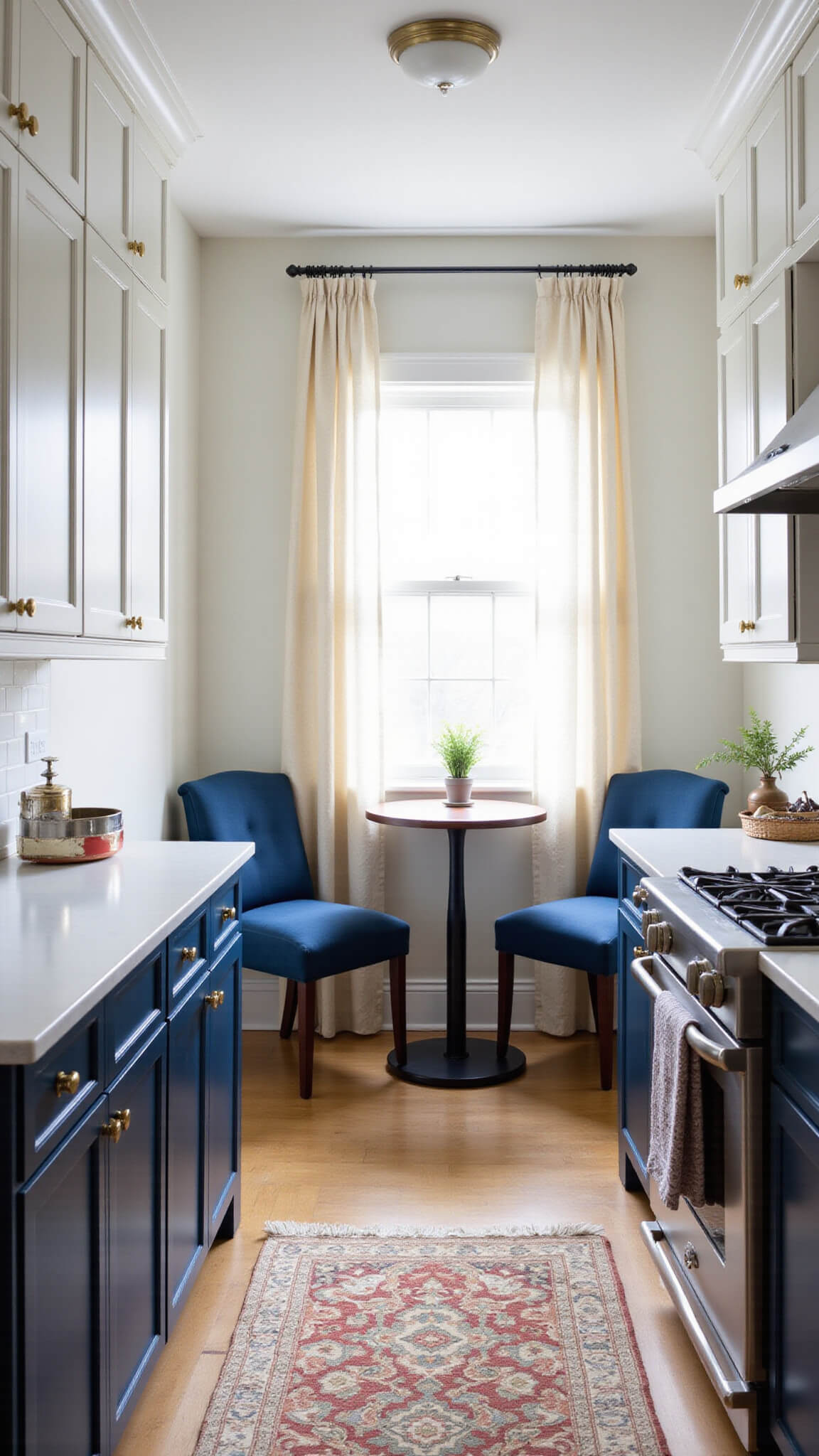 Bird's-eye view of a cozy 10x12 ft galley kitchen with navy lower cabinets, glossy white uppers, brushed gold hardware, farmhouse sink, and a breakfast nook with navy velvet chairs in warm morning light.