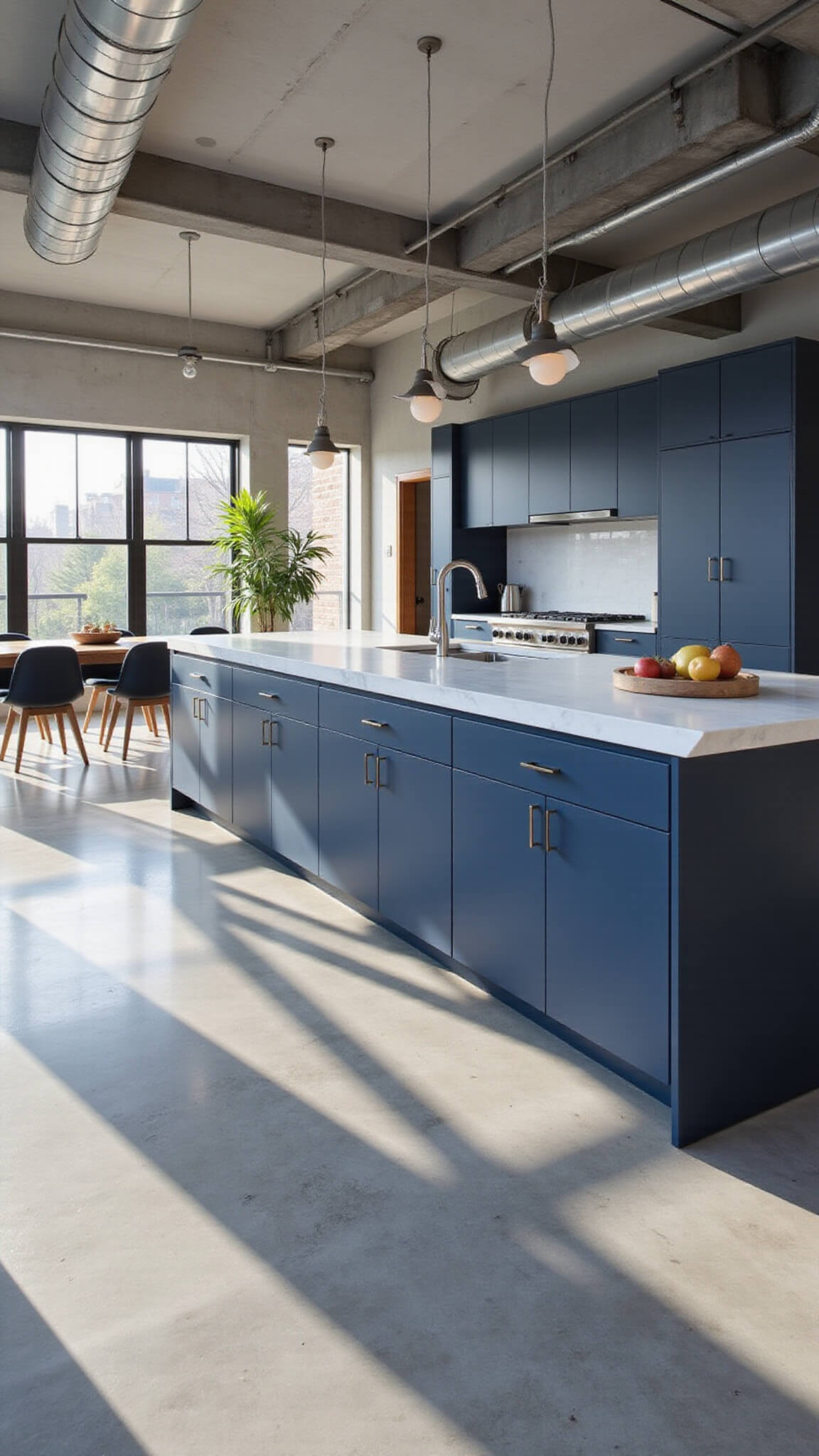 Low-angle view of a modern industrial kitchen-dining space with navy flat-panel cabinets, Carrara marble island, concrete floors, and floor-to-ceiling windows lit by afternoon sun.
