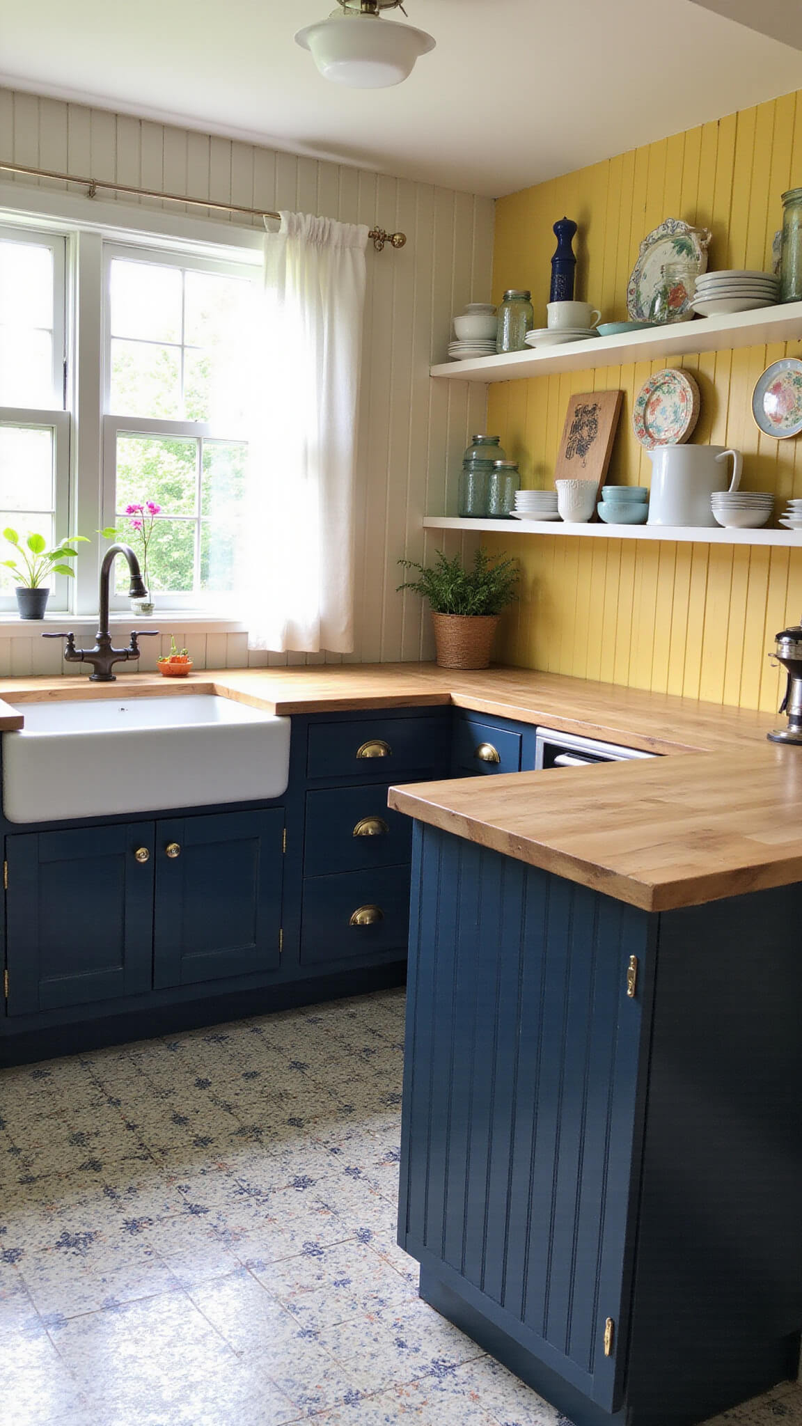 Cozy cottage kitchen with navy beadboard cabinets, yellow accent wall, white farmhouse sink, butcher block countertops, and patterned tile floor in soft morning light.