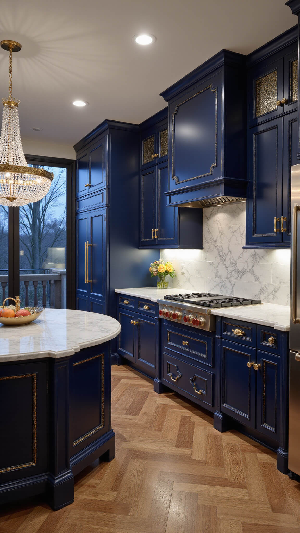 Elegant navy and gold kitchen with marble accents, crystal chandelier, and moody twilight reflections.