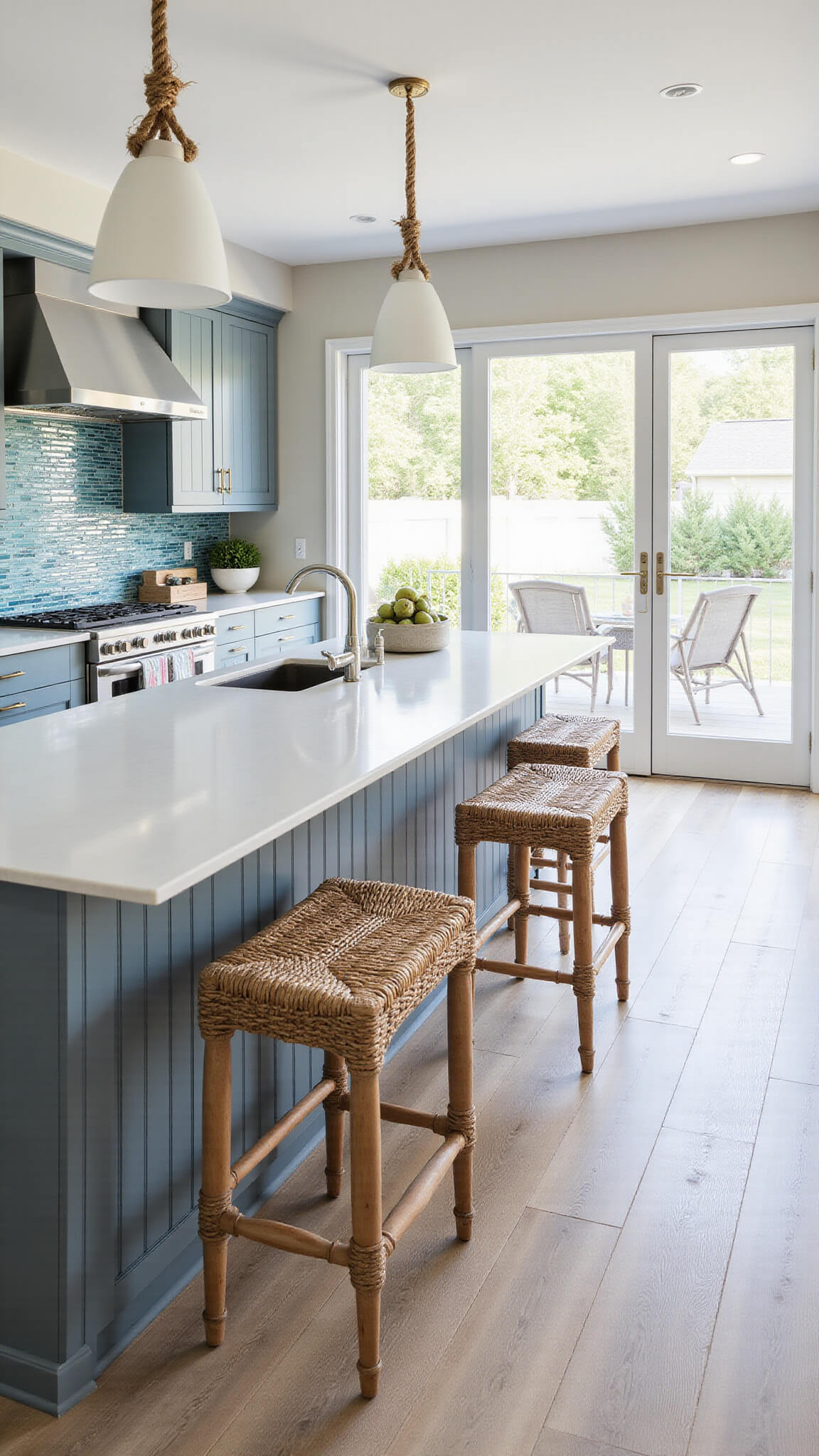 Coastal kitchen with blue-gray cabinets, white quartz countertops, and blue glass tile backsplash, viewed from patio doors with beachy accents and bright natural light.