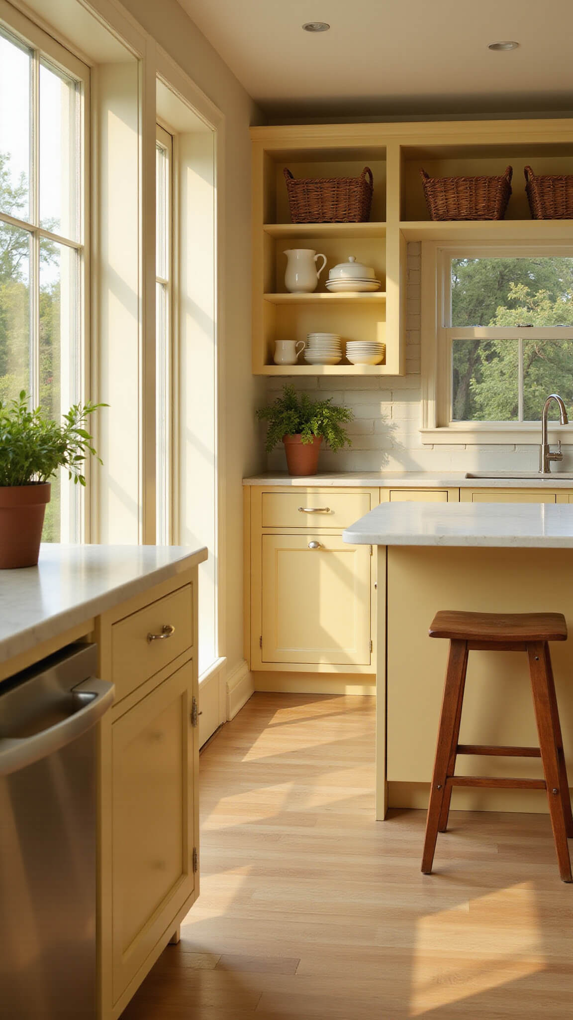Sunlit modern kitchen with buttercream yellow cabinets, white quartz island, and wood accents at golden hour.