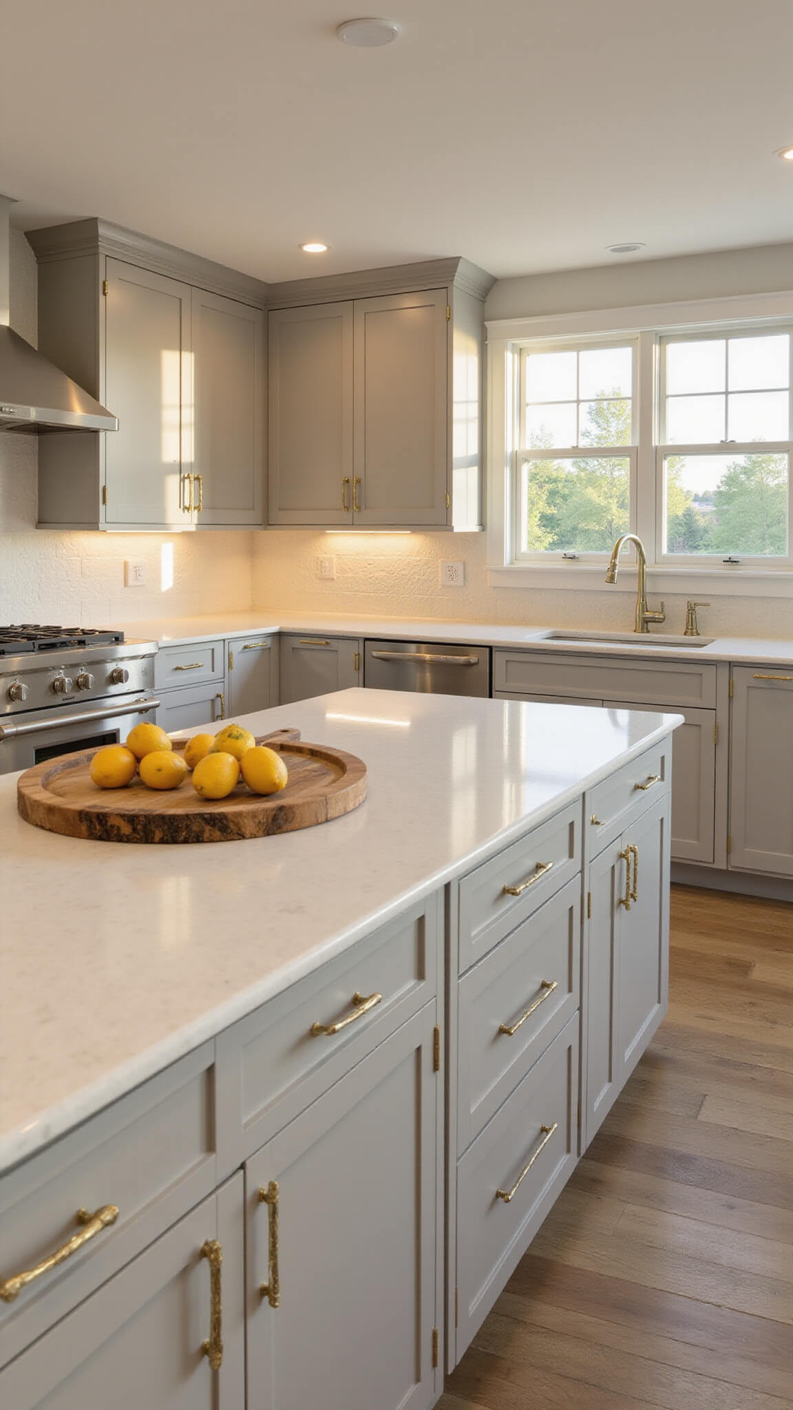 Wide-angle view of a spacious, sunlit 12x15 ft kitchen with taupe Shaker cabinets, brass hardware, a large cream quartz island, stainless steel appliances, white subway tile backsplash, and pale oak flooring.