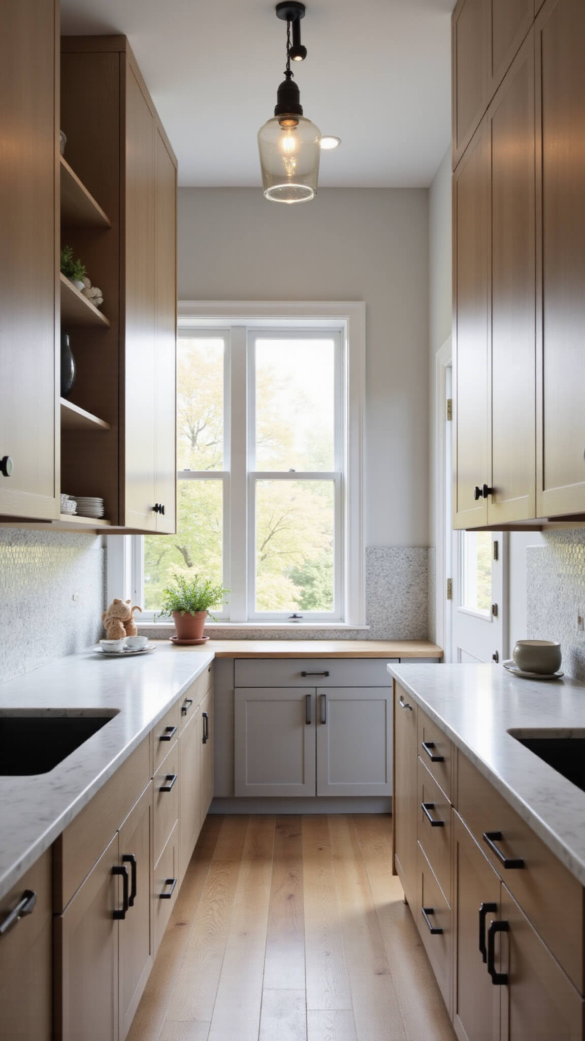Cozy 10x12 ft galley kitchen with pale oak cabinets, white marble countertops, hexagonal gray tile backsplash, and a small herb garden on the windowsill, softly lit by morning light and warm LEDs.