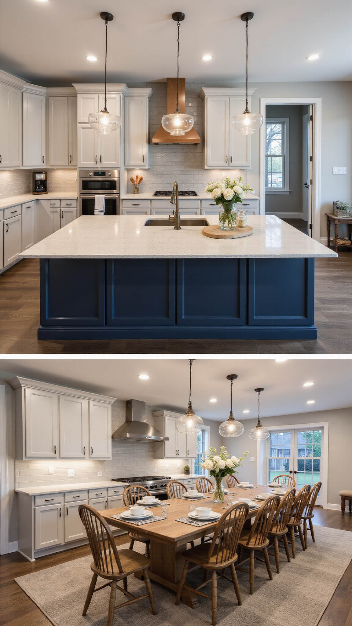 High-angle view of a sophisticated open-concept kitchen-dining area with Perfect Greige cabinets, a navy blue island, copper accents, and a wooden dining table set for dinner in warm ambient lighting at dusk.