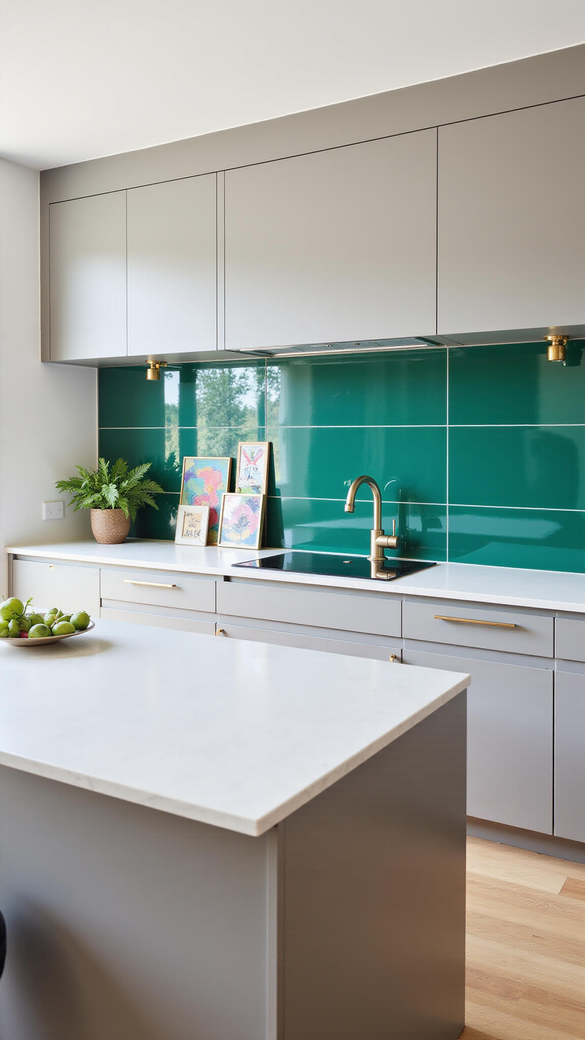 Modern kitchen with emerald green tile backsplash, Edgecomb Gray cabinets, white quartz countertops, brushed gold fixtures, and colorful abstract art on the wall.