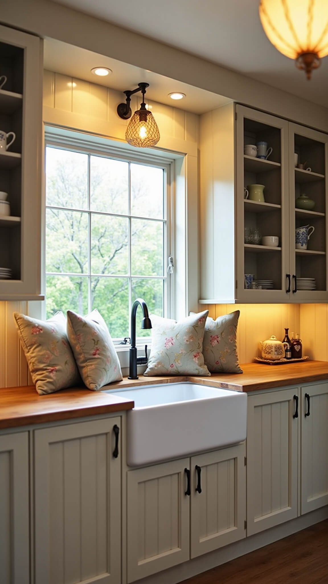 Close-up of a cozy kitchen nook window seat with plush floral cushions, warm butcher block accents, and soft evening lighting, evoking nostalgic charm.