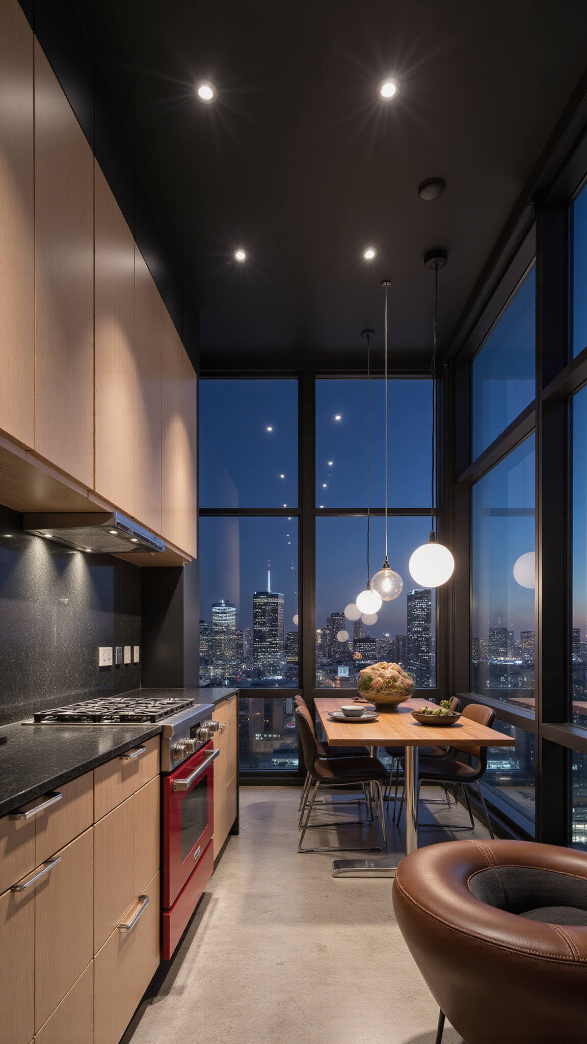 Wide-angle view of a modern urban loft kitchen at night with pale oak cabinets, black granite countertops, a red professional range, and city skyline through floor-to-ceiling windows.