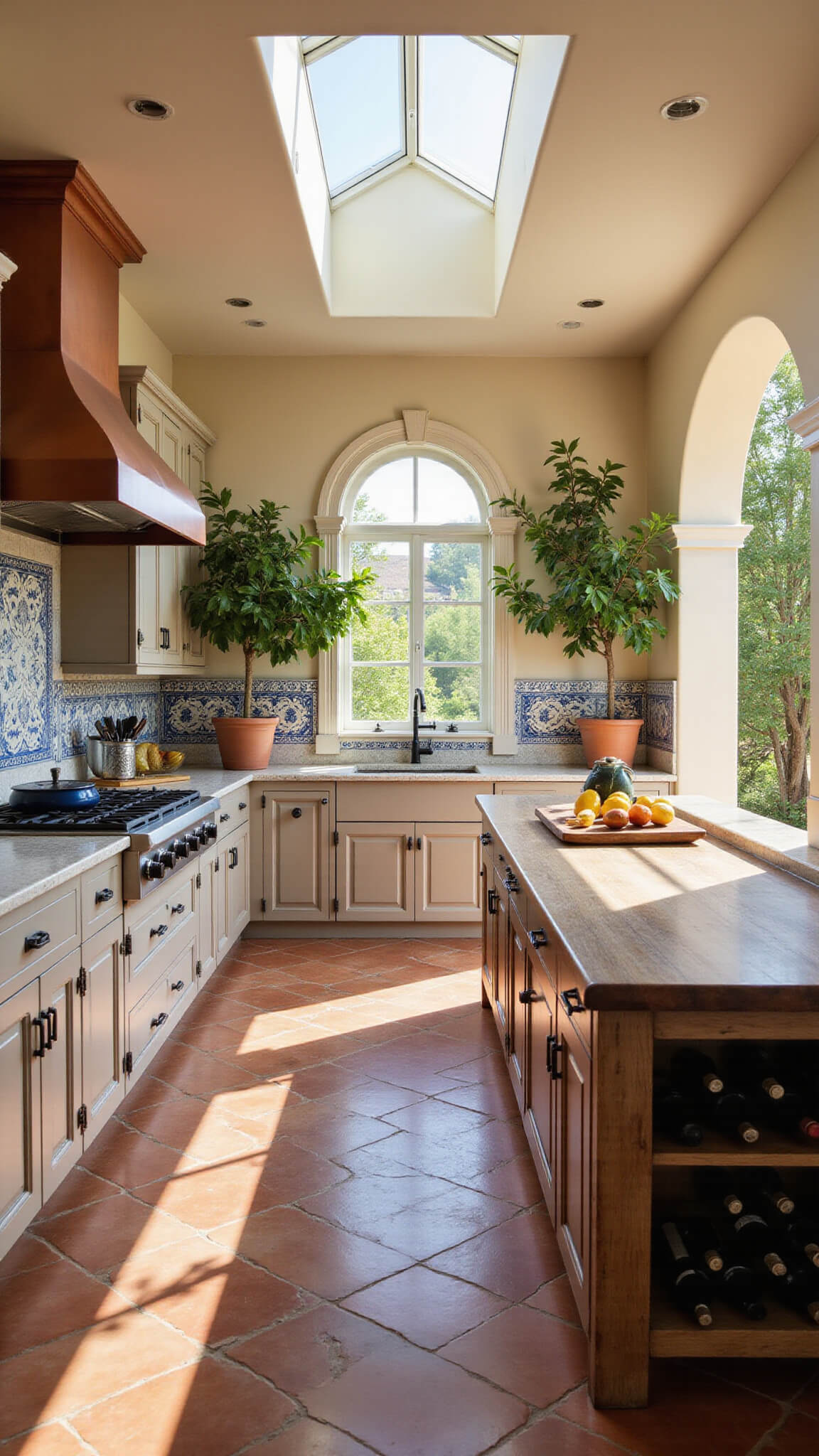 Mediterranean-style kitchen with taupe cabinets, terracotta herringbone floor, blue and white tile backsplash, copper range hood, and sunlit patio view through arched window flanked by potted lemon trees.