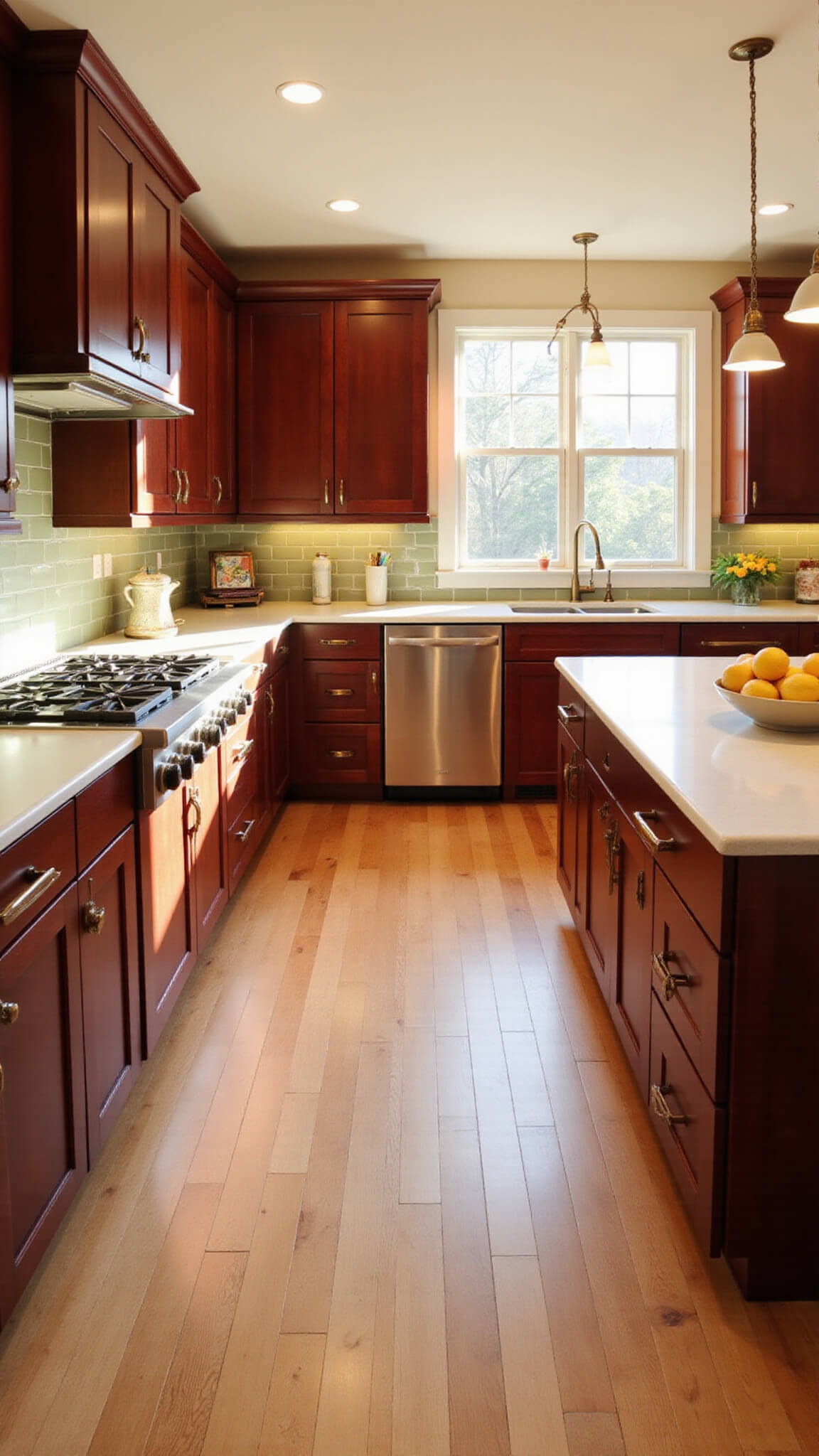 Warm, sunlit 12x15 ft kitchen with cherry wood cabinets, central quartz island, sage green tile backsplash, brass pendant lights, and stainless steel appliances.