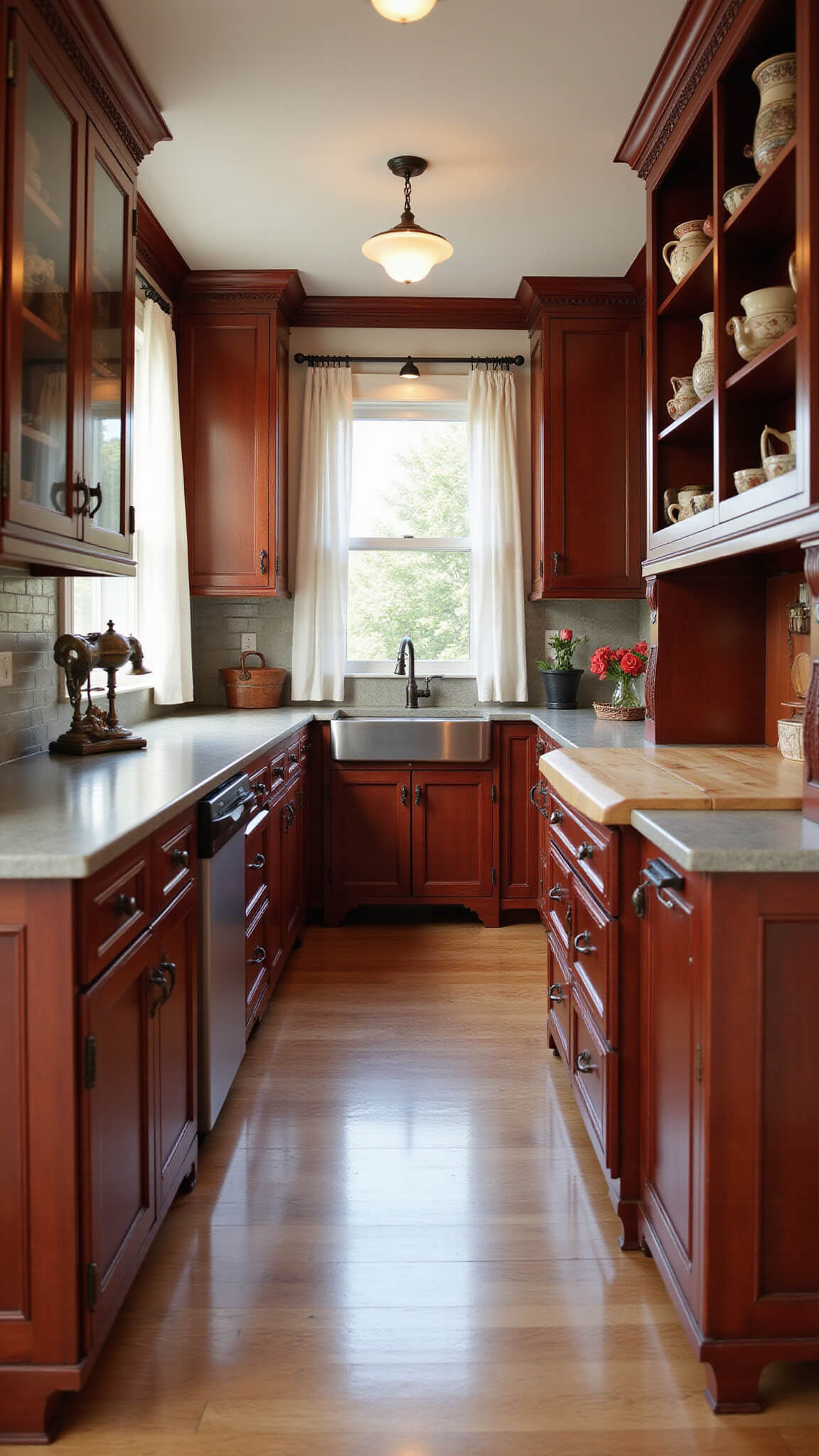 Cozy galley kitchen with cherry wood cabinets, light gray countertops, farmhouse sink under curtained window, and warm pendant lighting.
