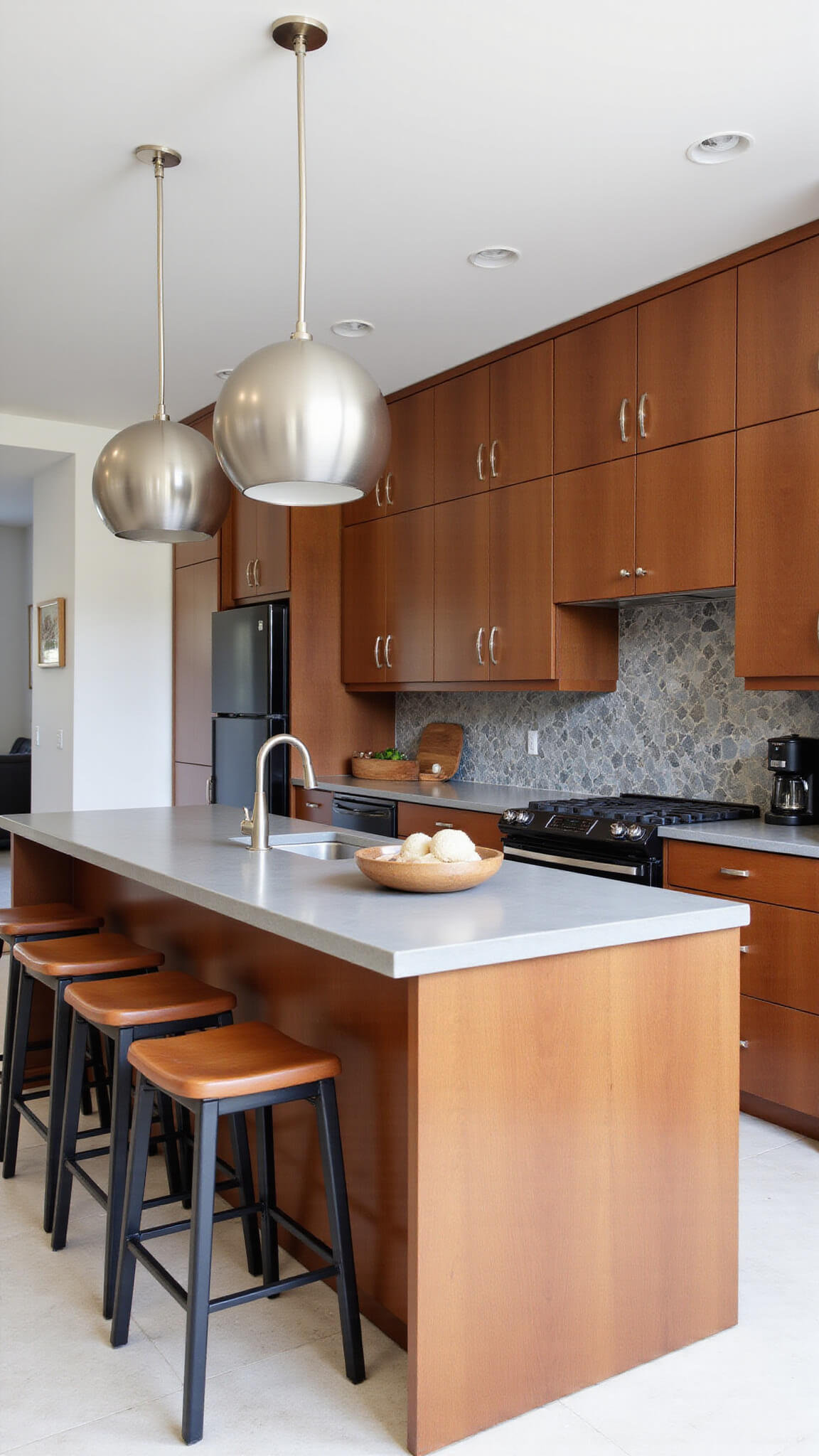 Modern open-concept kitchen with cherry wood cabinets, concrete countertops, matte black appliances, and geometric gray tile backsplash, viewed from elevated angle with ample natural light.