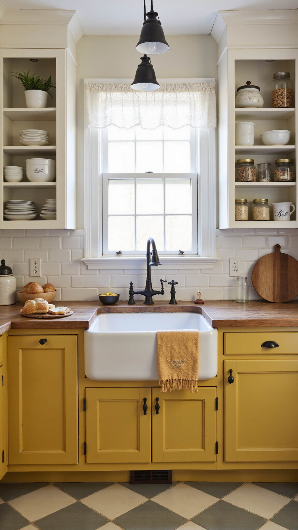 Cozy 10x12 ft farmhouse kitchen with mustard yellow lower cabinets, white uppers, vintage enamel sink under lace-curtained window, butcher block countertops with fresh bread, open shelves holding china and mason jars, wrought iron pendant lights, and cream-grey checkerboard tile floor.