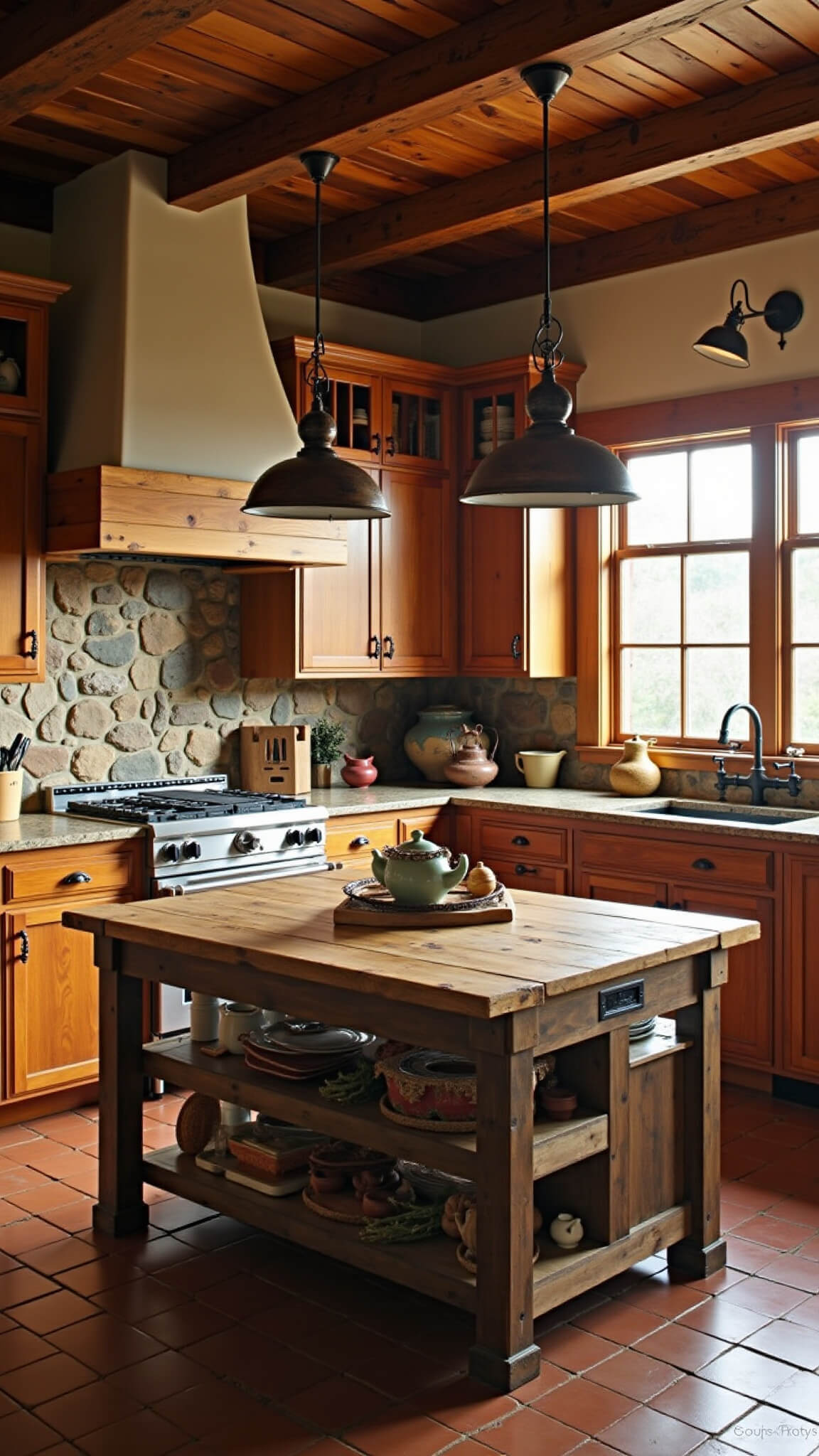Rustic 11x13 kitchen with distressed cherry wood cabinets, farmhouse table, wrought iron lights, stone accent wall, and terracotta tile floor bathed in golden hour light.