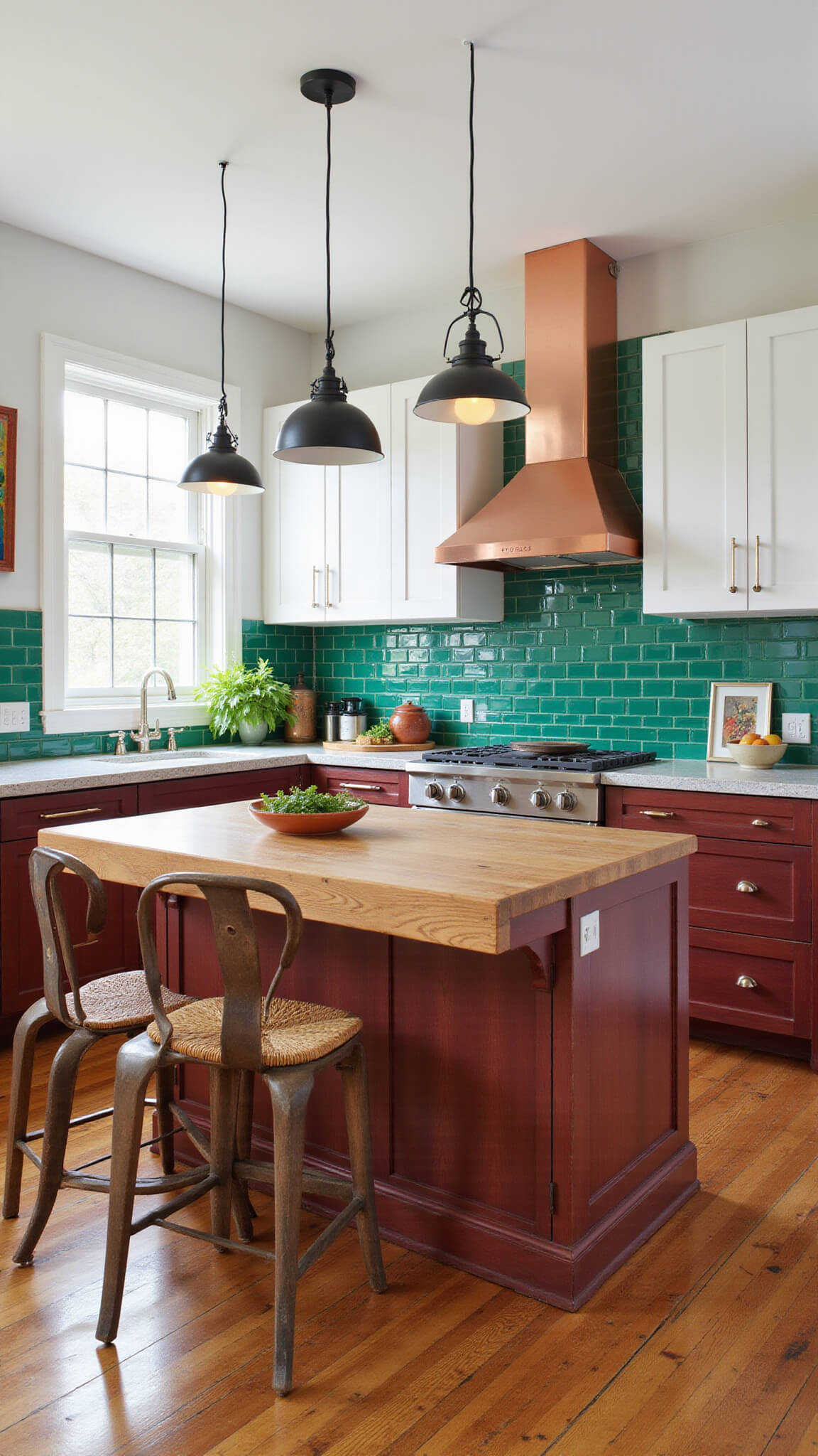Eclectic 13x15 ft kitchen with cherry wood lower cabinets, white uppers, emerald green tile backsplash, butcher block island, copper range hood, vintage chairs, and matte black pendant lights.