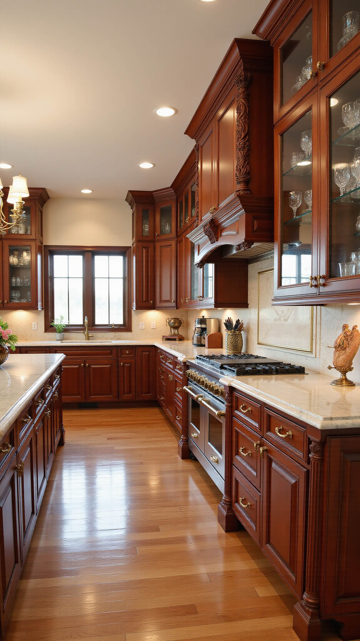 Luxurious chef's kitchen with cherry wood cabinets, marble island, stainless steel appliances, and chandelier under coffered ceiling.