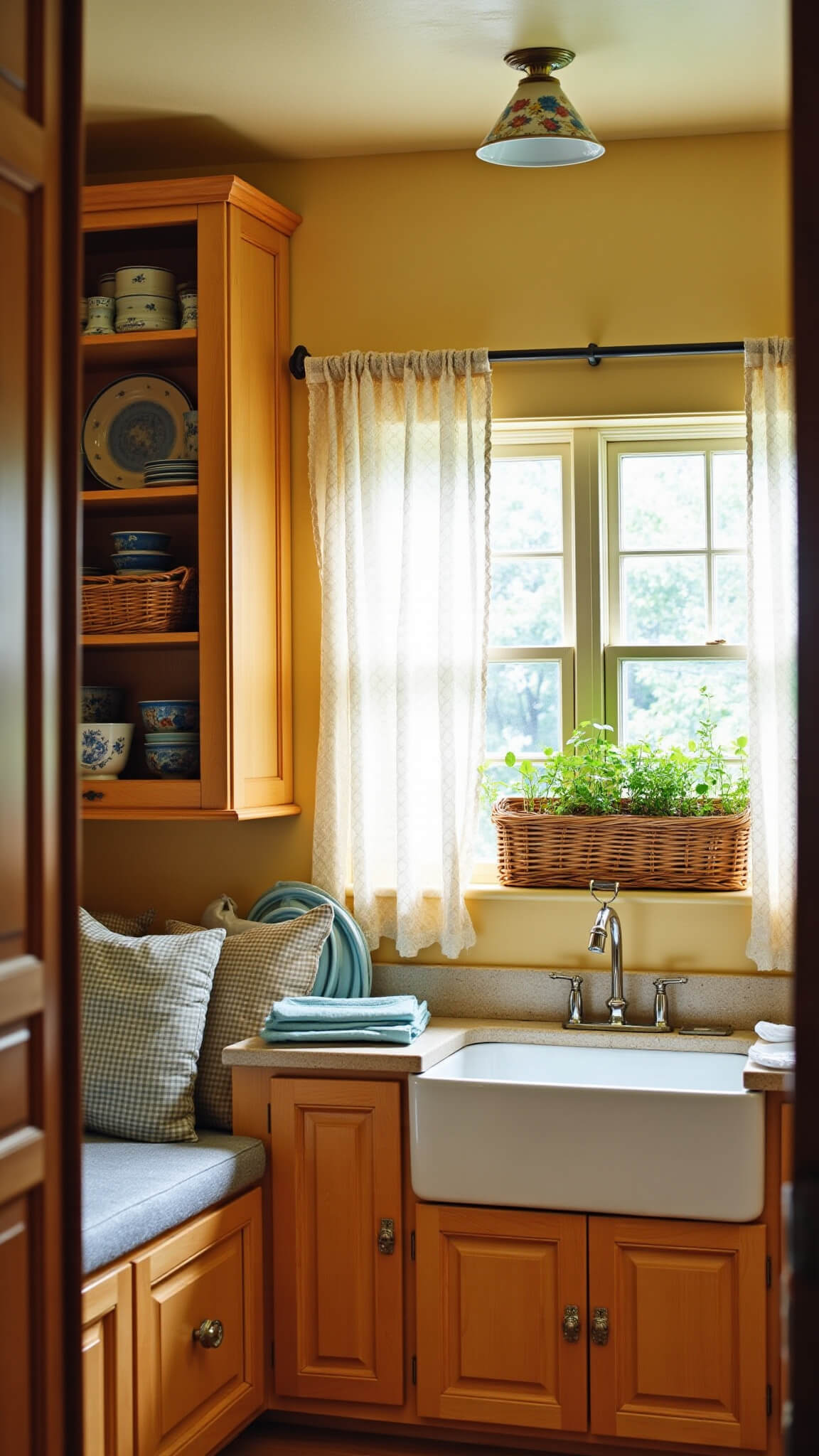 Cozy 9x11 ft cottage kitchen with cherry wood cabinets, yellow walls, blue and white china on open shelves, built-in banquette with checkered cushions, lace café curtains, apron-front sink under herb-filled window box, and floral pendant light.