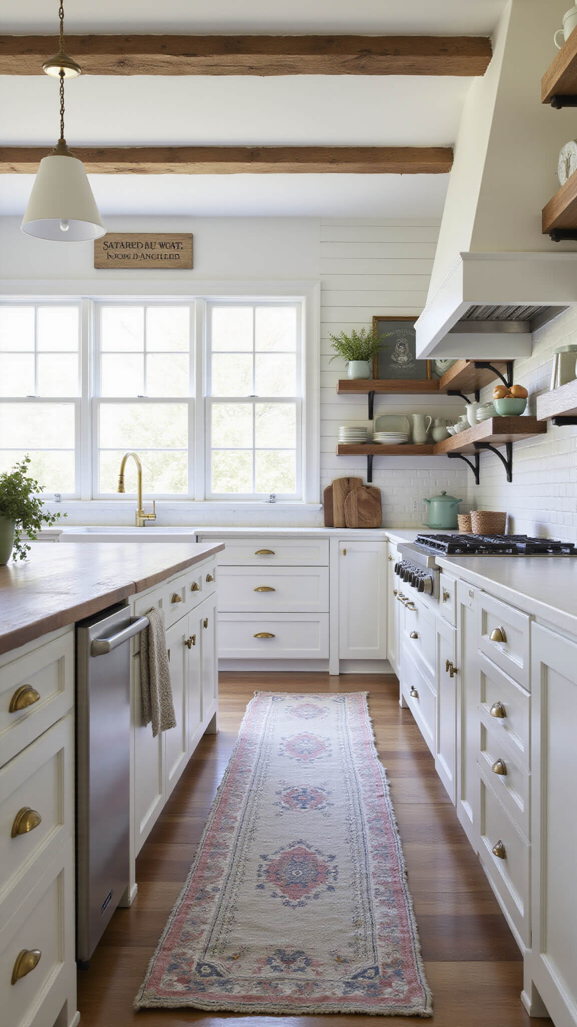 Farmhouse kitchen with white shaker cabinets, oak island, brass hardware, open shelving, apron-front sink under bay window, exposed beams, and vintage rug in soft morning light.