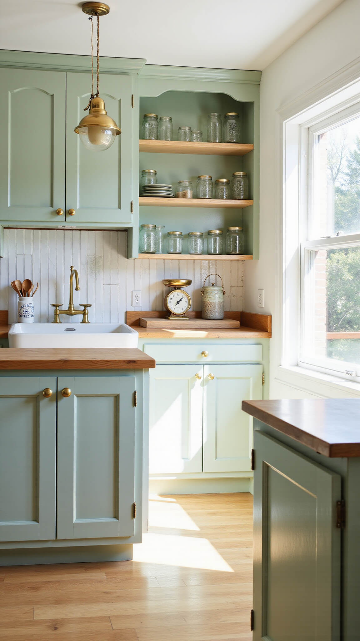 Bright farmhouse kitchen with sage green cabinets, brass hardware, butcher block island, floral wallpaper backsplash, and apron-front sink in morning sunlight.