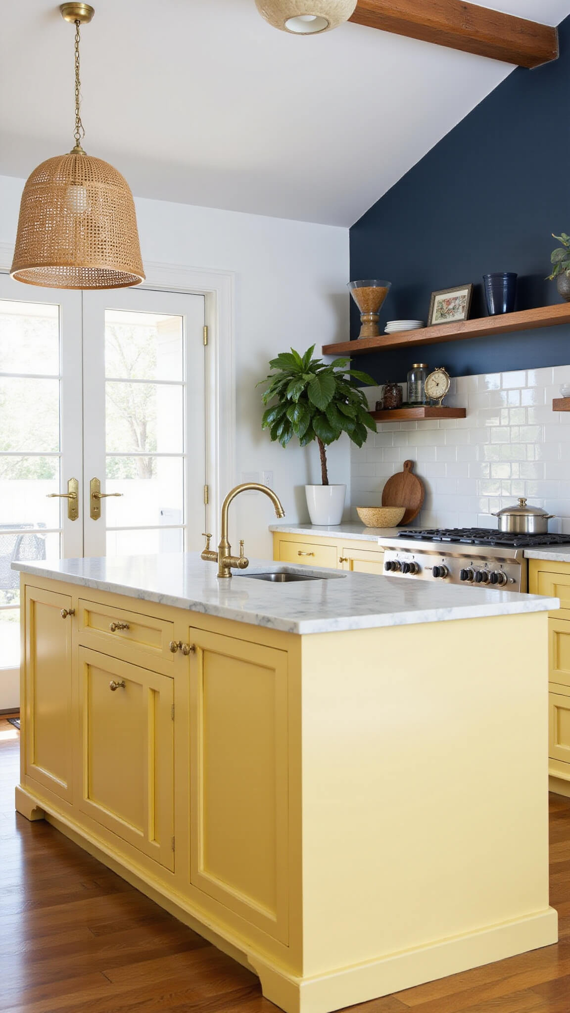 Bright, airy kitchen with yellow cabinets, marble island, navy accent wall, and vaulted ceiling bathed in midday sunlight.