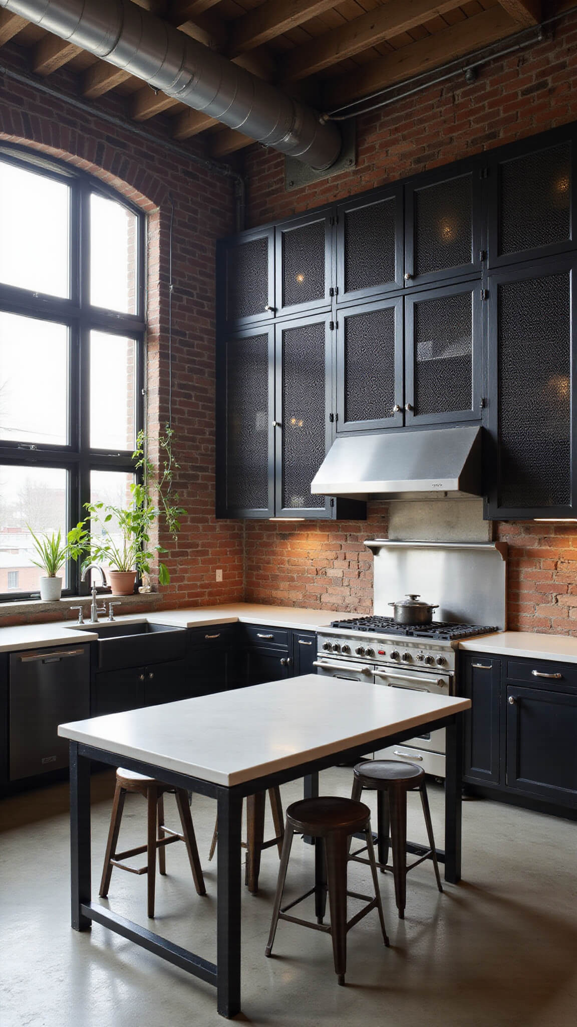 Industrial-chic loft kitchen with black metal cabinets, white concrete countertops, exposed brick, and vintage metal stools under early morning light.