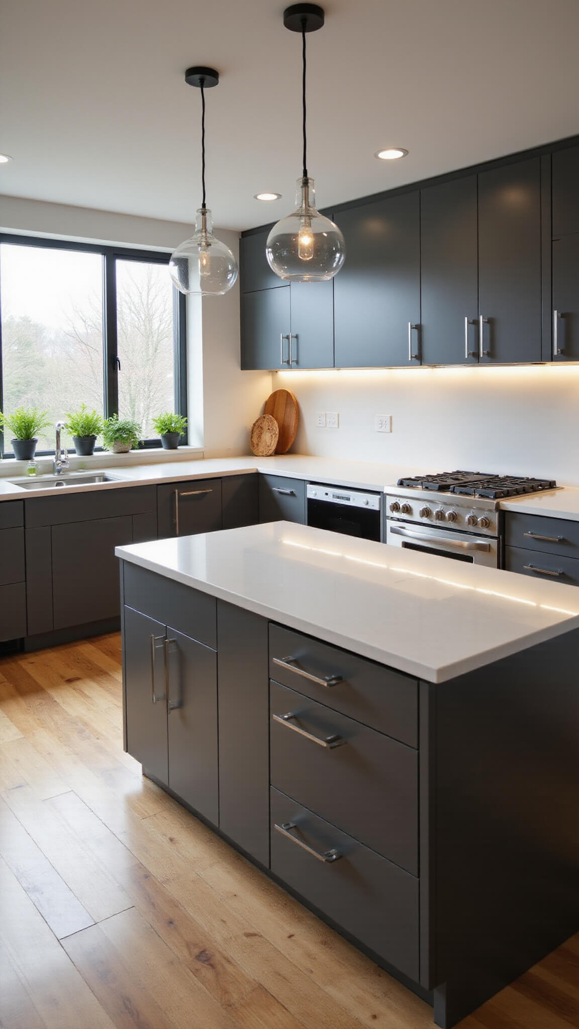 Modern 12x15ft kitchen with matte charcoal aluminum cabinets, white quartz island, stainless steel appliances, wood flooring, glass pendant lights, and sunlight streaming through large windows with potted herbs.
