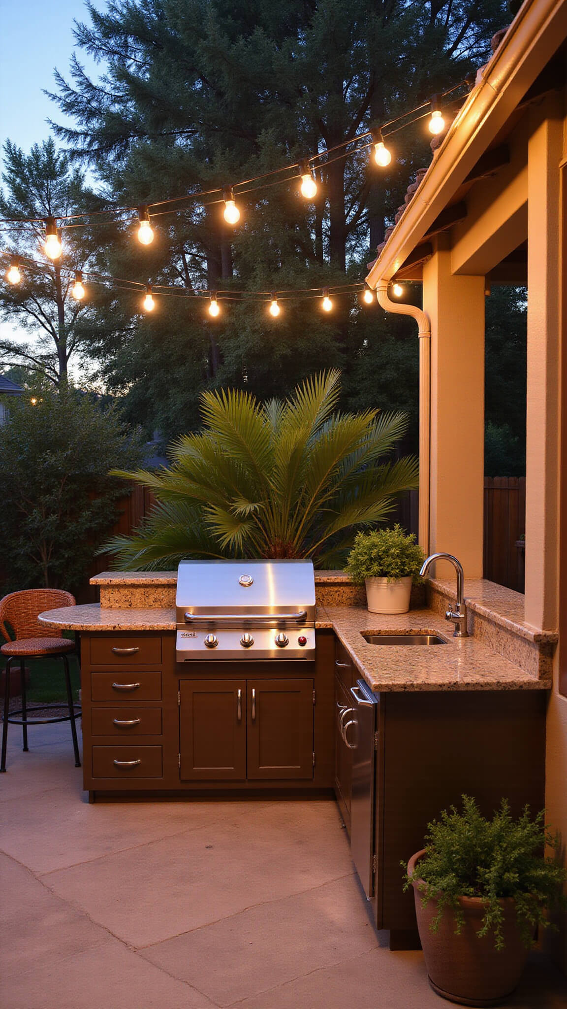 Outdoor kitchen on a cozy patio at golden hour with bronze aluminum cabinets, stainless steel grill, granite countertops, rattan bar stools, and warm Edison bulb lighting among tropical plants.