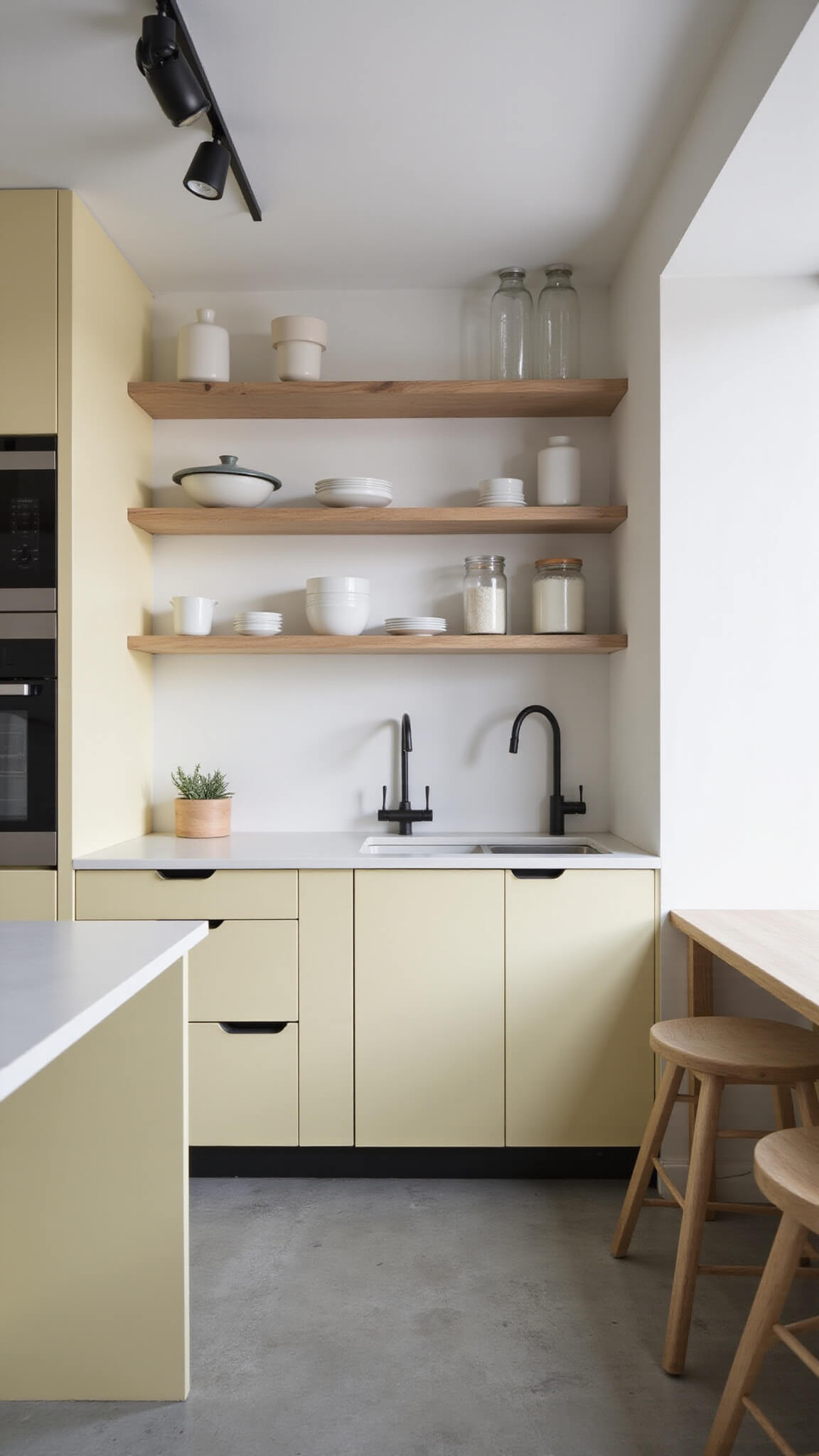 Minimalist Scandinavian kitchen with pale lemon cabinets, white countertops, black matte fixtures, concrete floor, and open shelving, viewed from above in cool dusk lighting.