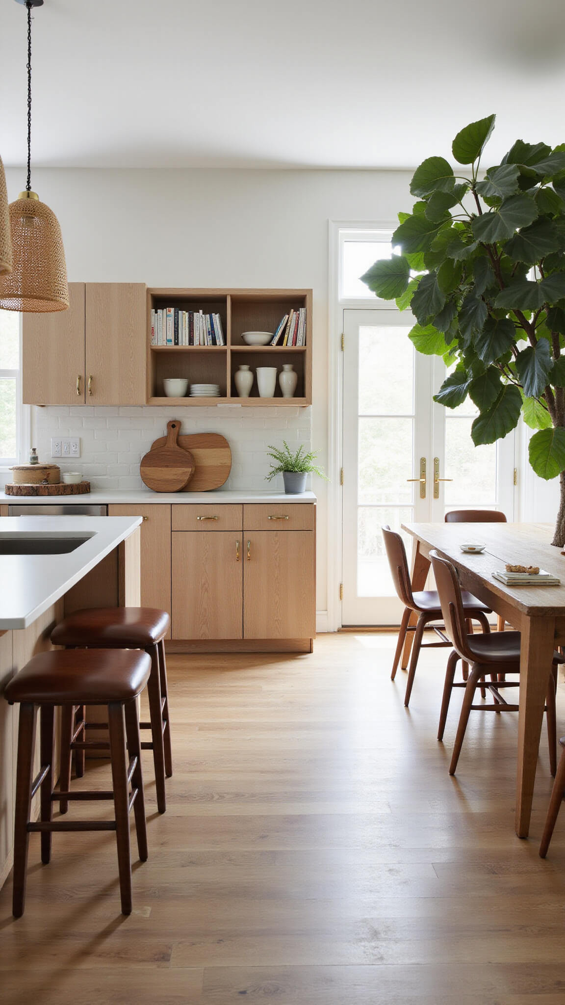 Open-concept kitchen and dining area with woodgrain aluminum cabinets, kitchen island with leather stools, rustic dining table, rattan pendant lights, and a large fiddle leaf fig tree.