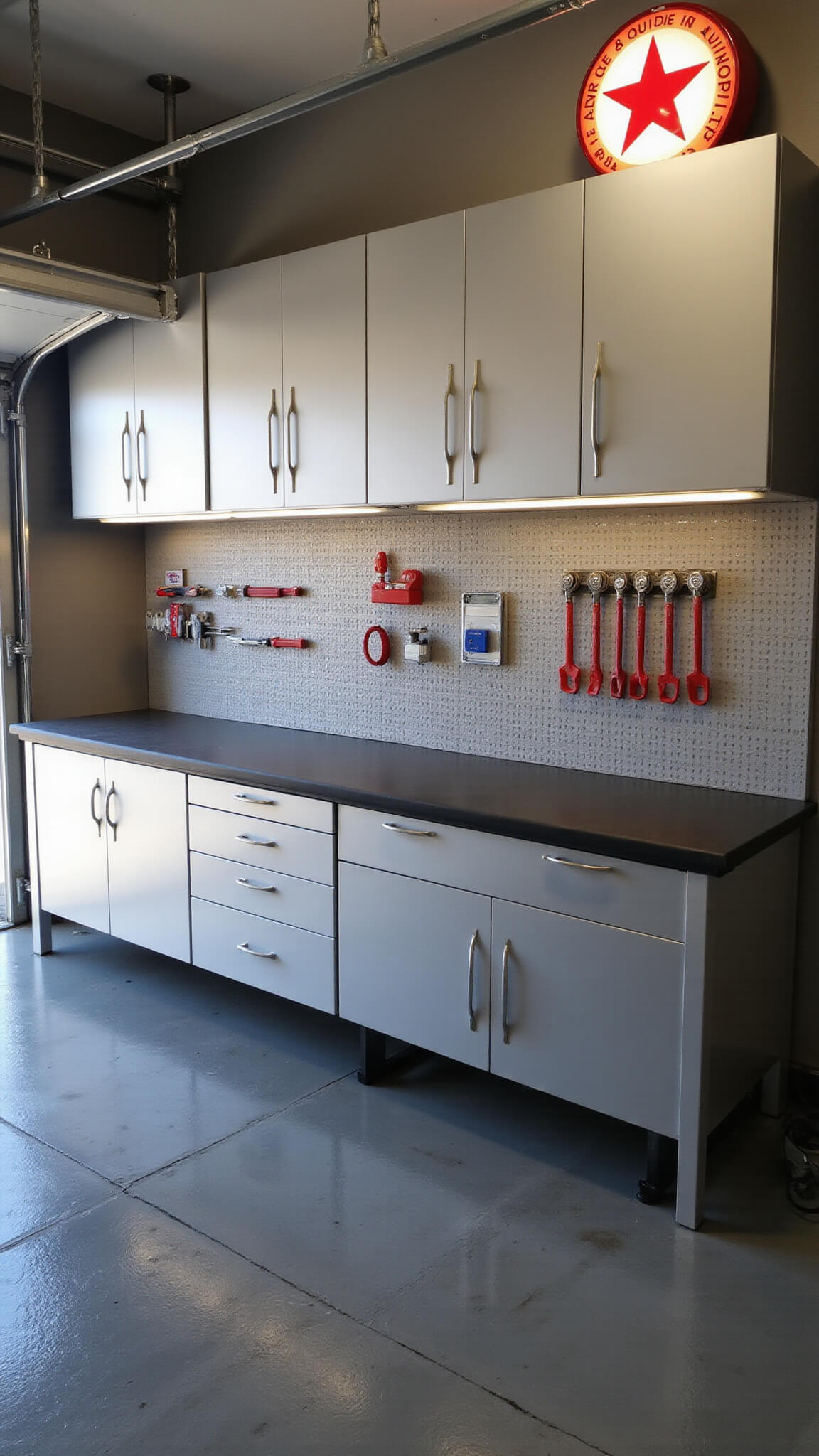Modern 10x12ft garage workspace with silver aluminum cabinets, resin workbench, pegboard tool storage, deep gray non-slip concrete floor, red tool accents, and natural and LED lighting.