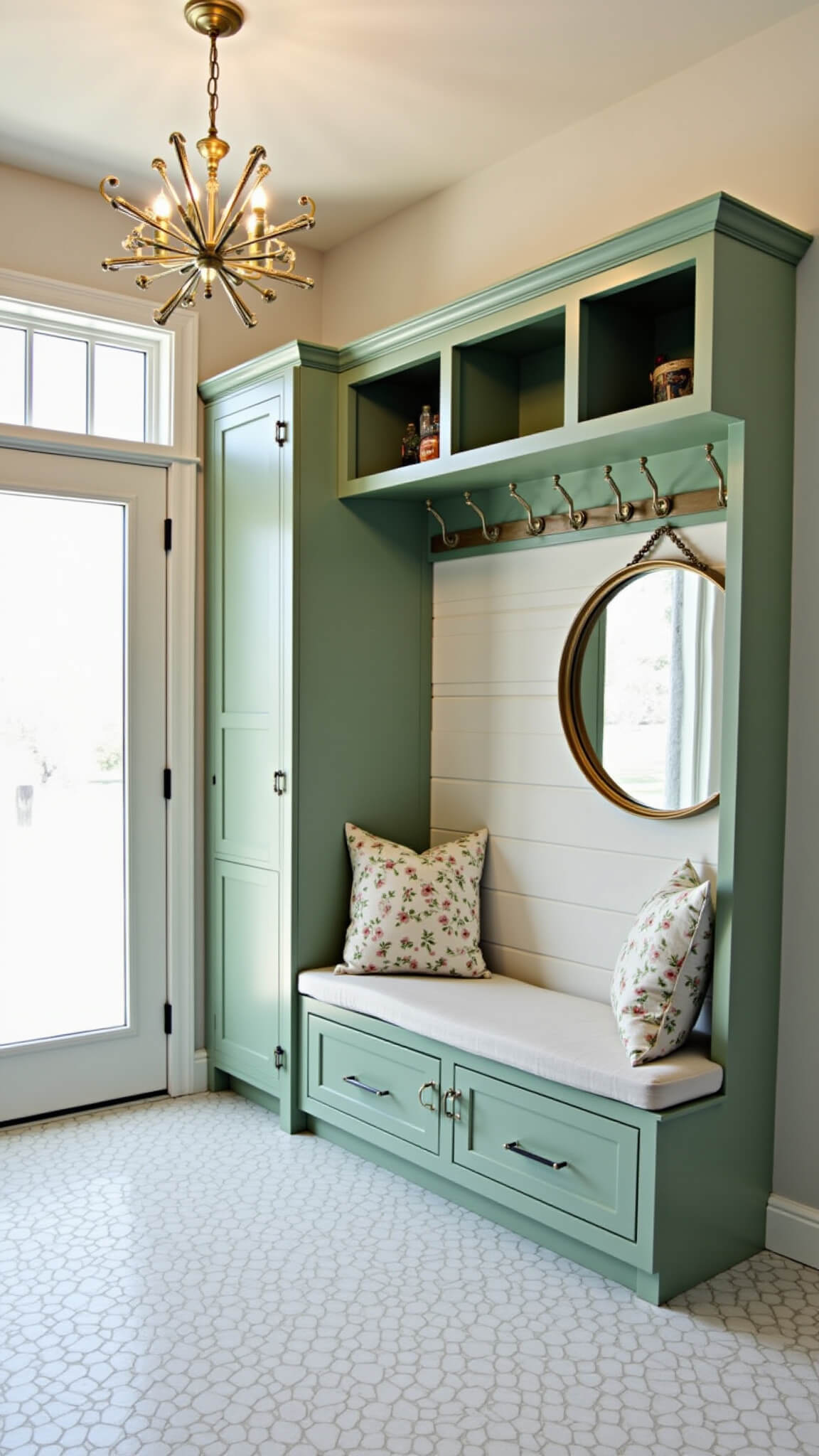 Compact 6x8ft mudroom with sage green aluminum cabinets, floral-cushioned bench, shiplap-backed coat hooks, frosted glass door, sputnik chandelier, hexagonal tile floor, and gold-framed round mirror.
