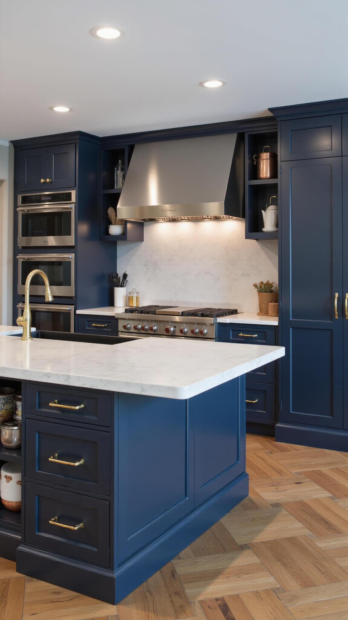 Gourmet 14x16ft kitchen with navy aluminum cabinets, brass hardware, marble island, copper cookware, and professional appliances.