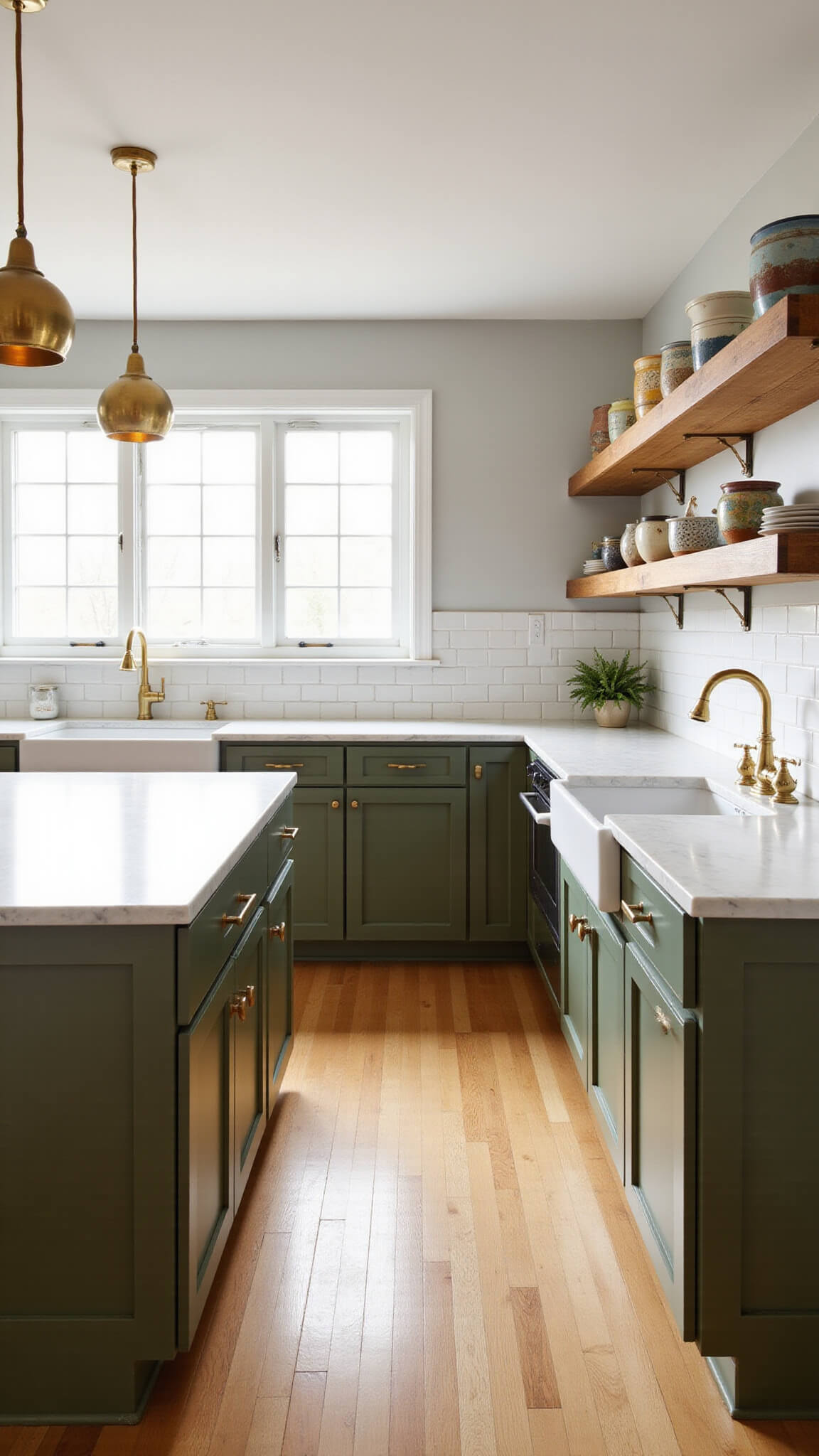 Spacious 12x15ft kitchen with olive green cabinets, white marble island, brass pendant lights, and morning sunlight streaming through large windows.