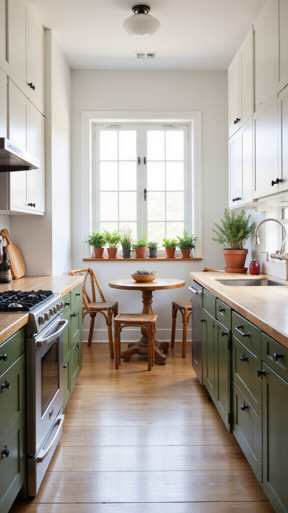 Cozy 10x10ft galley kitchen with white and olive green cabinets, stainless steel appliances, butcher block countertops, and a small breakfast nook with rattan chairs, viewed from above in warm afternoon light.