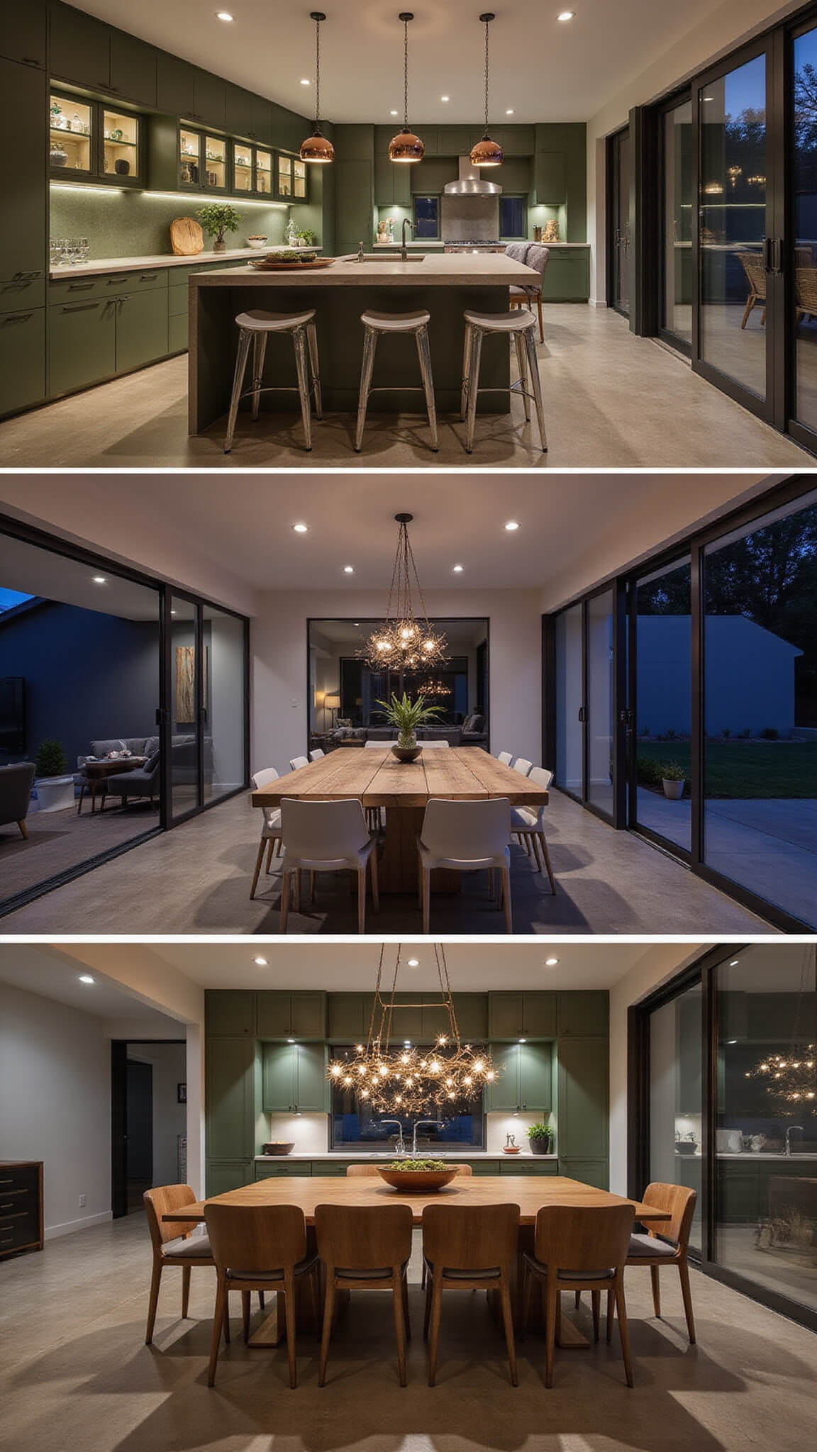 Open-concept kitchen and dining area at twilight with olive green cabinets, concrete island, copper pendant lights, wooden dining table, and warm ambient lighting.