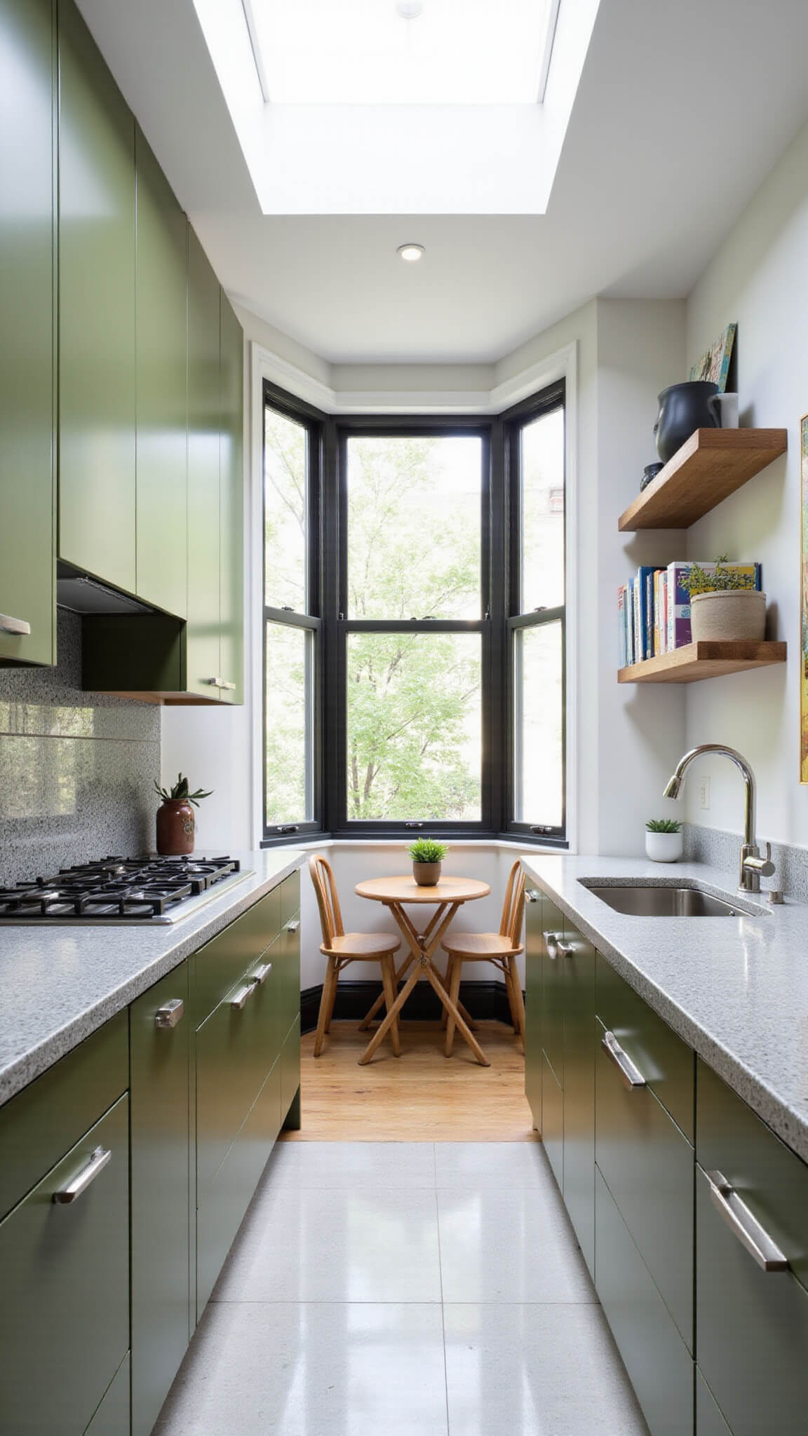 Modern 8x10ft urban kitchen with olive green glossy cabinets, gray quartz countertops, geometric tile backsplash, and a bistro set in a bay window nook under skylight lighting.