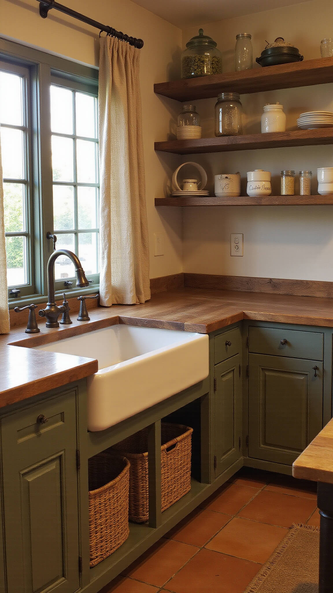 Rustic 14x16ft country kitchen at golden hour with distressed olive green cabinets, farmhouse sink, open reclaimed wood shelves, large butcher block island, terracotta tile floors, and soft linen curtains filtering warm light.