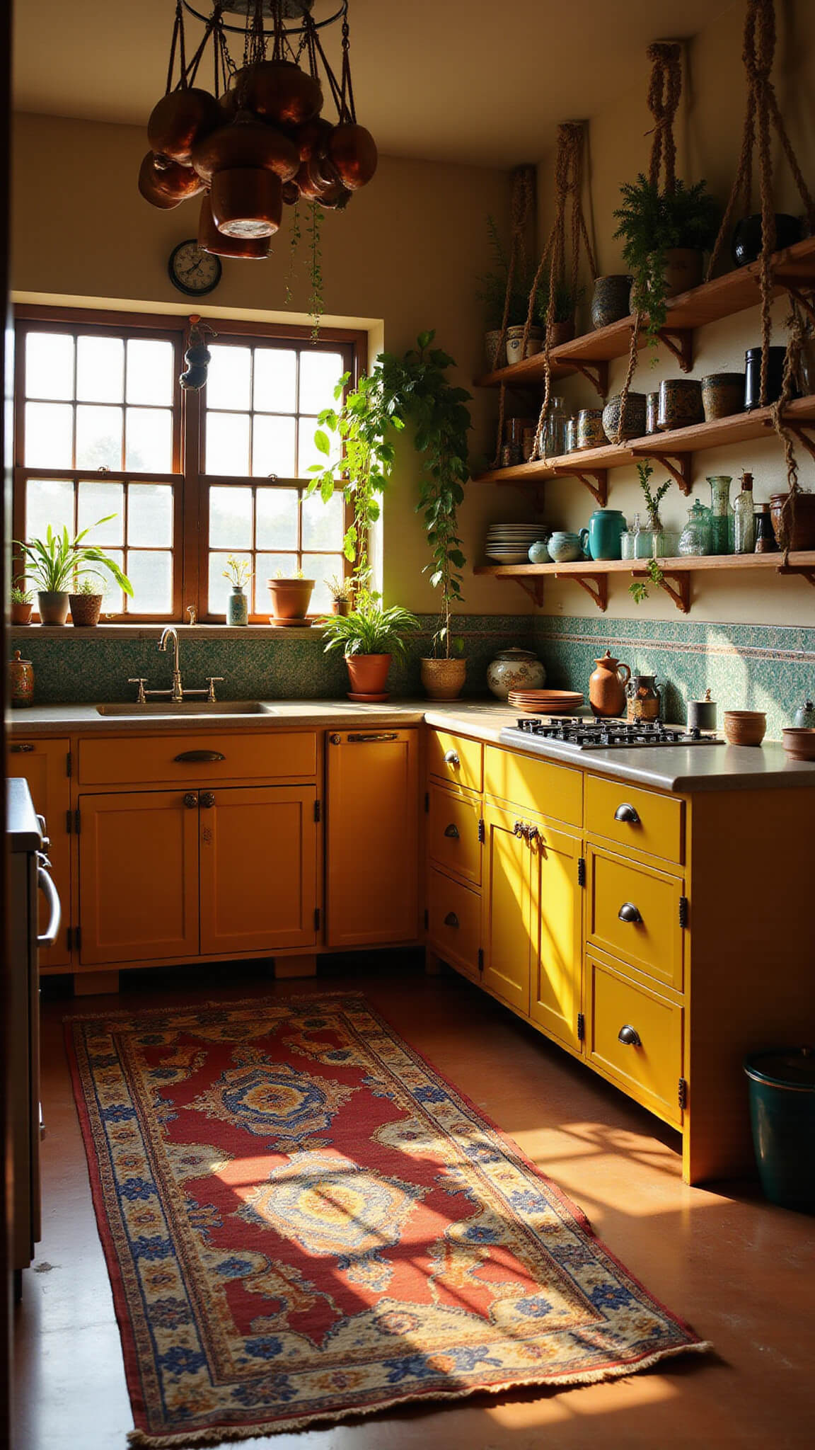 Low-angle view of a vibrant bohemian kitchen with marigold yellow cabinets, stained glass window, Moroccan tile backsplash, hanging copper pots, terracotta floors with a vintage rug, open shelves of colorful dishes, and trailing plants in macramé hangers lit by warm afternoon sun.