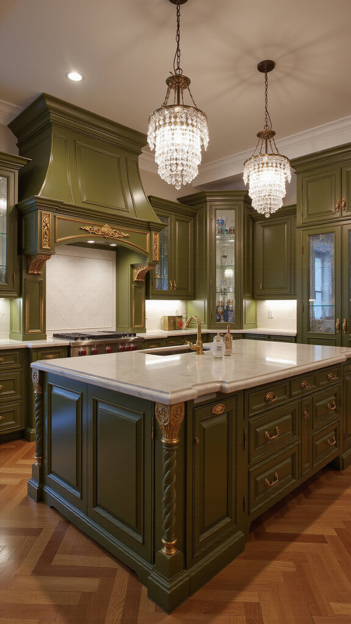 Luxurious olive green kitchen with gold detailing, marble island, crystal chandeliers, and herringbone wood floors at dusk.