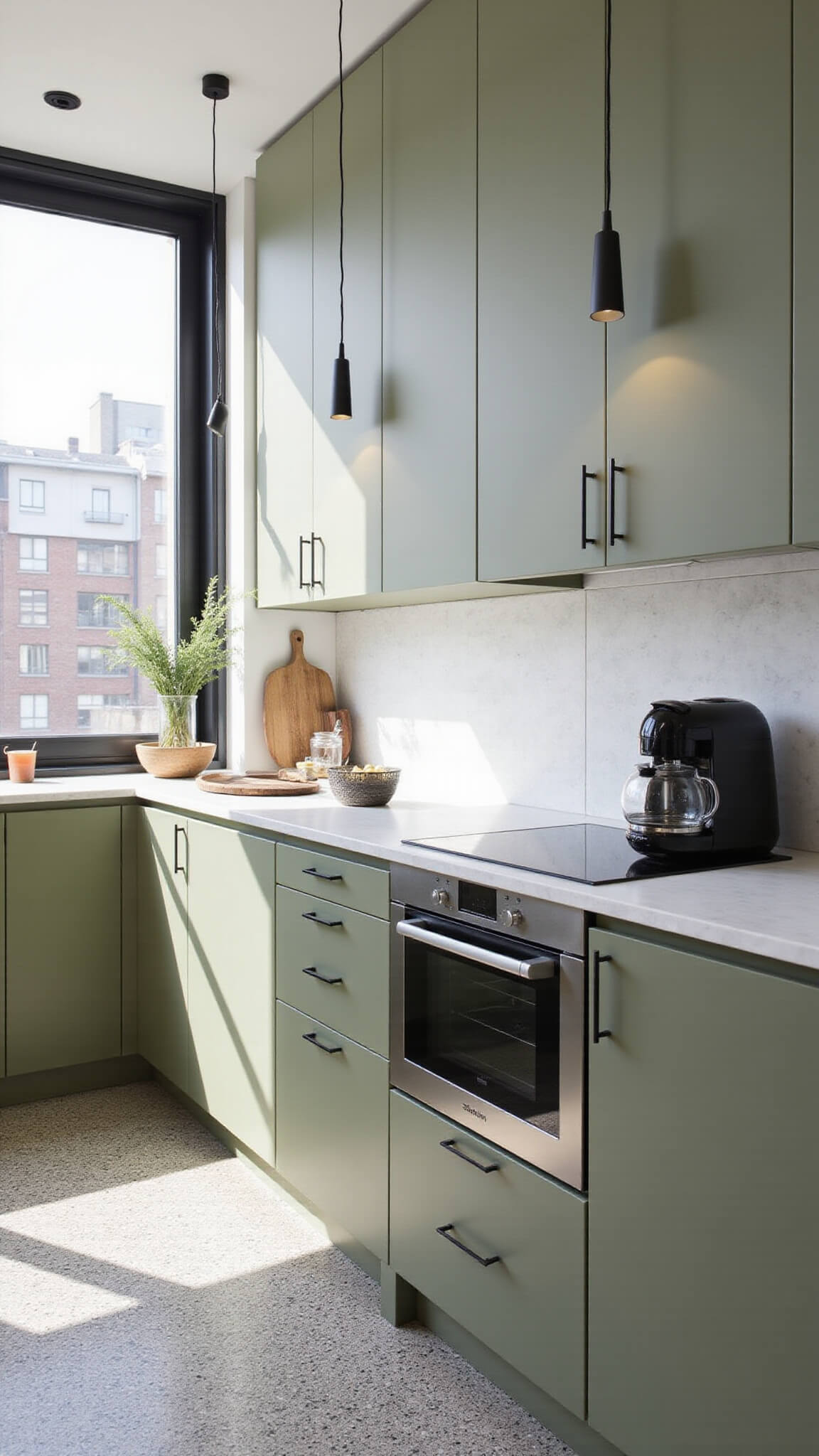 Modern olive green kitchen with white waterfall quartz island, terrazzo floors, built-in espresso station, and city views through floor-to-ceiling windows.