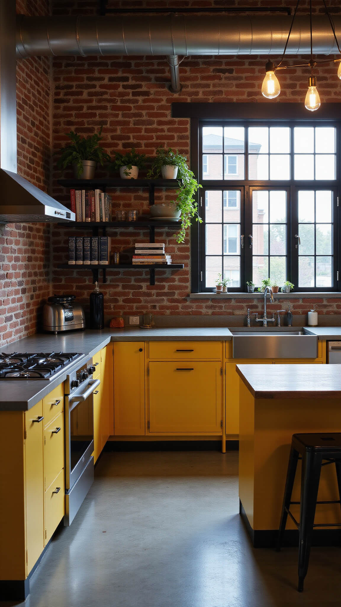 Industrial chic kitchen with canary yellow cabinets, Edison bulb chandelier, exposed brick wall, metal ductwork, concrete countertops, and large factory windows at twilight.