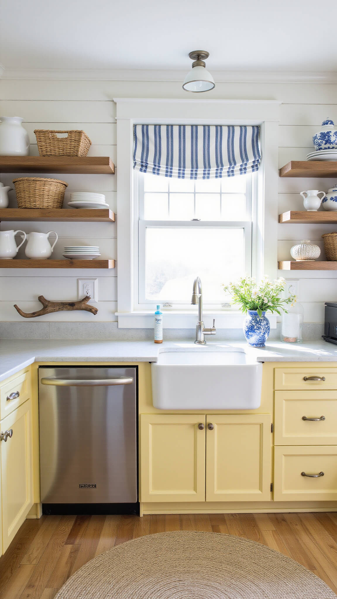 Coastal cottage kitchen with butter yellow cabinets, white shiplap walls, blue and white striped roman shades, open shelving, and seaside-themed decor in bright morning light.