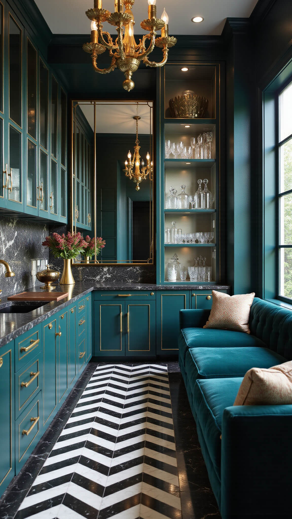 Art deco kitchen with teal cabinets, gold chandeliers, chevron marble floors, mirrored backsplash, and velvet banquette.