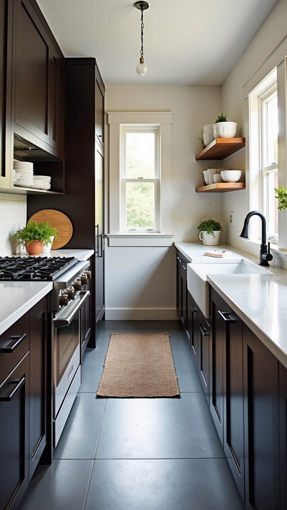 Low-angle view of a cozy 10x12ft galley kitchen with espresso cabinets, white marble countertops, a farmhouse sink, open shelving, and soft natural lighting.