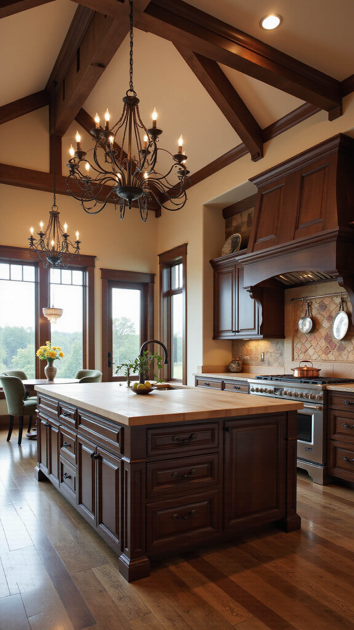 Luxurious open-concept kitchen with vaulted ceilings, espresso cabinets, butcher block island, wrought iron chandelier, and sunlit arched windows.