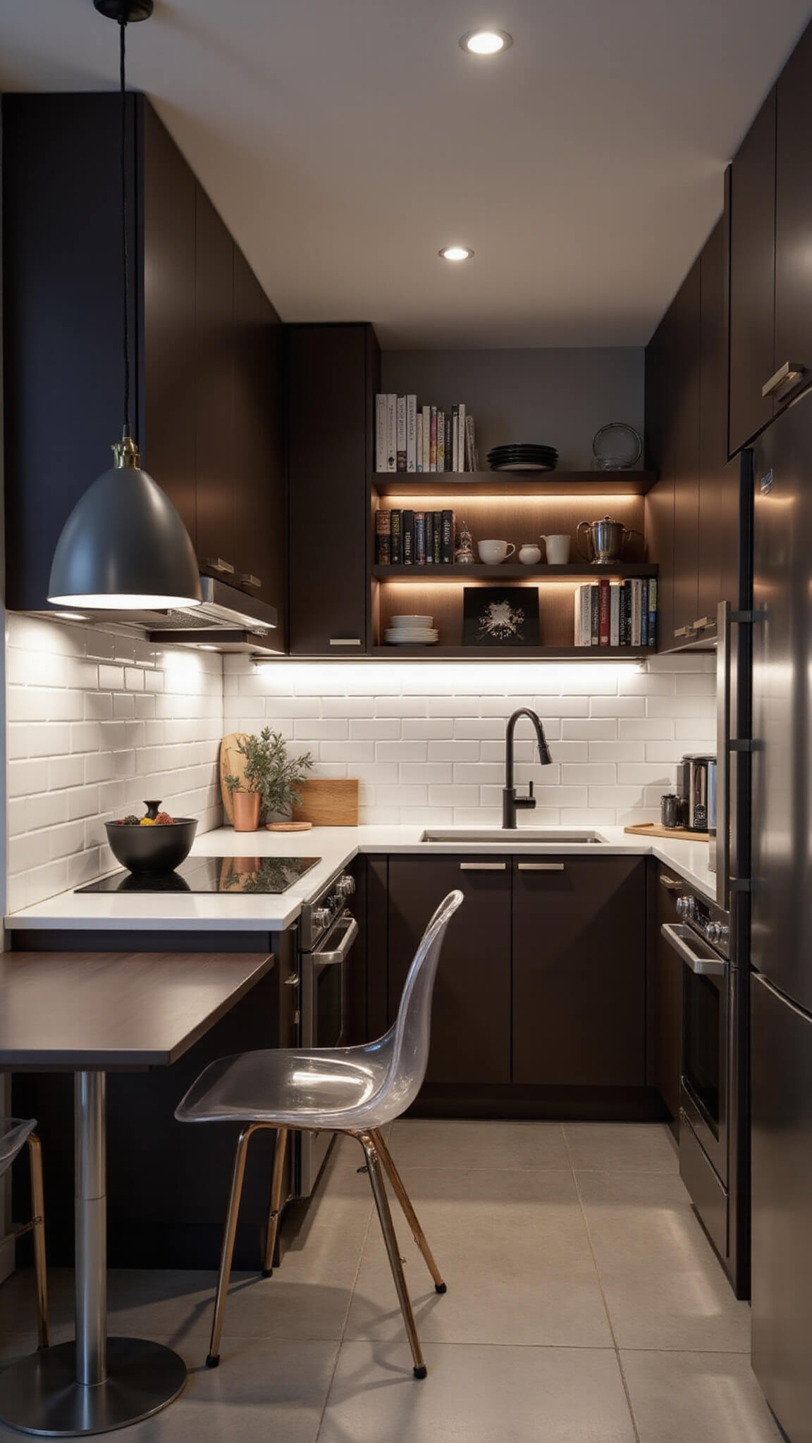 Compact 8x10ft urban kitchen at twilight with espresso cabinets, white subway tile backsplash, stainless steel appliances, bistro table with ghost chairs, and warm ambient lighting.
