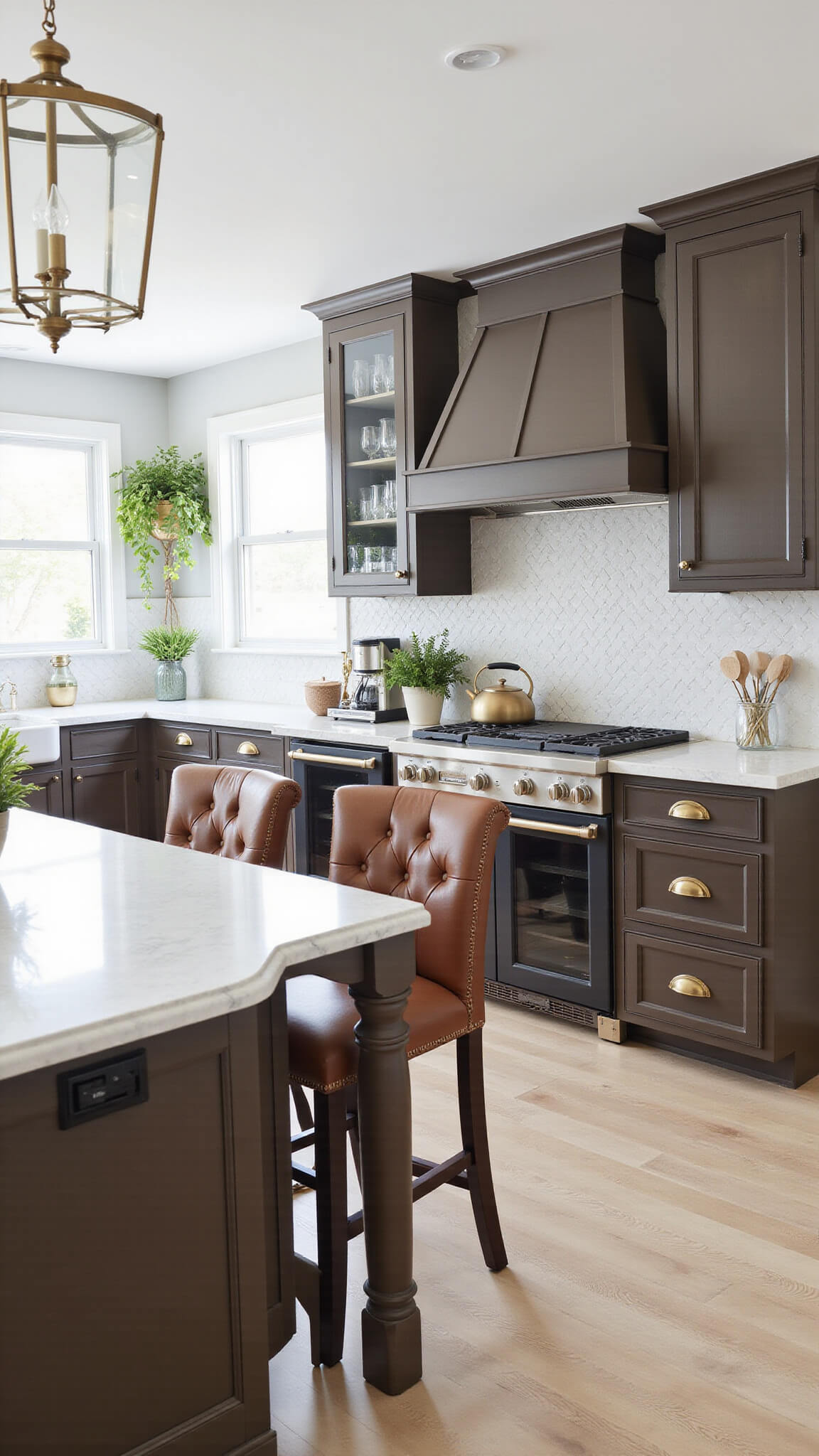 Transitional 14x16ft kitchen with espresso Shaker cabinets, Carrara marble counters, herringbone backsplash, waterfall island, gold hardware, and glass-front uppers, bathed in midday light.