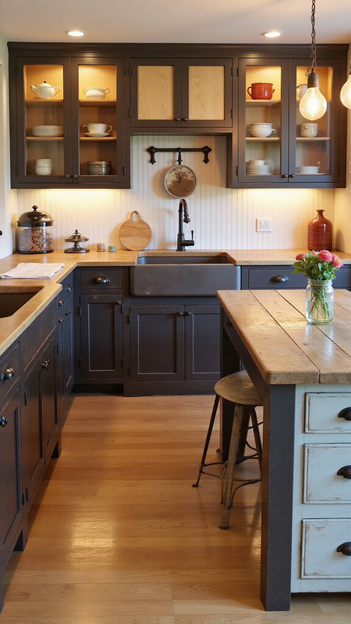 Cozy farmhouse kitchen with distressed espresso cabinets, butcher block counters, apron sink, vintage lighting, open shelves displaying ironstone, and a weathered wooden table, lit warmly at golden hour.