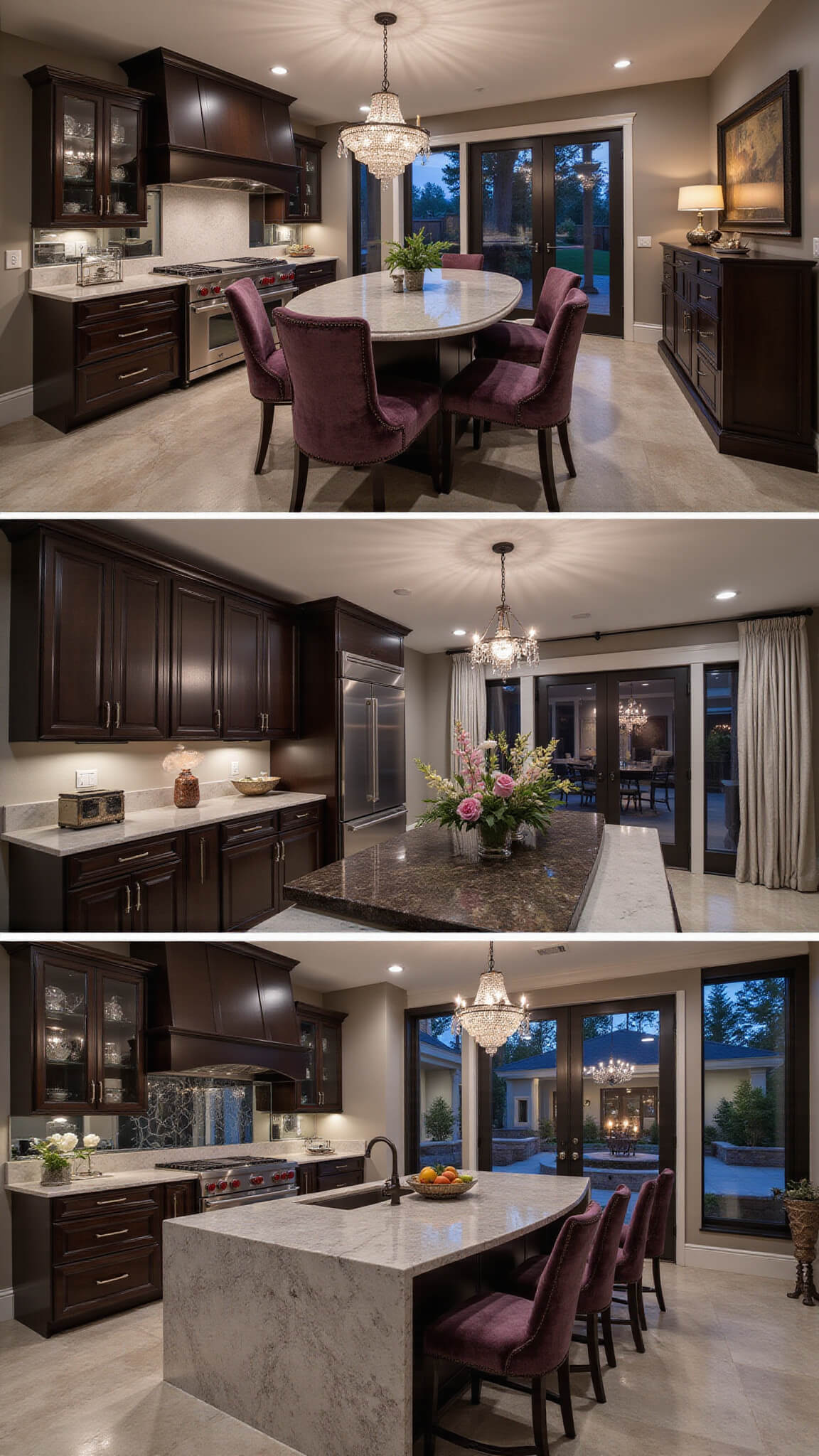 Elegant kitchen-dining space at dusk with espresso cabinets, marble island, velvet barstools, crystal chandeliers, mirrored backsplash, antique sideboard, and French doors to candlelit patio.